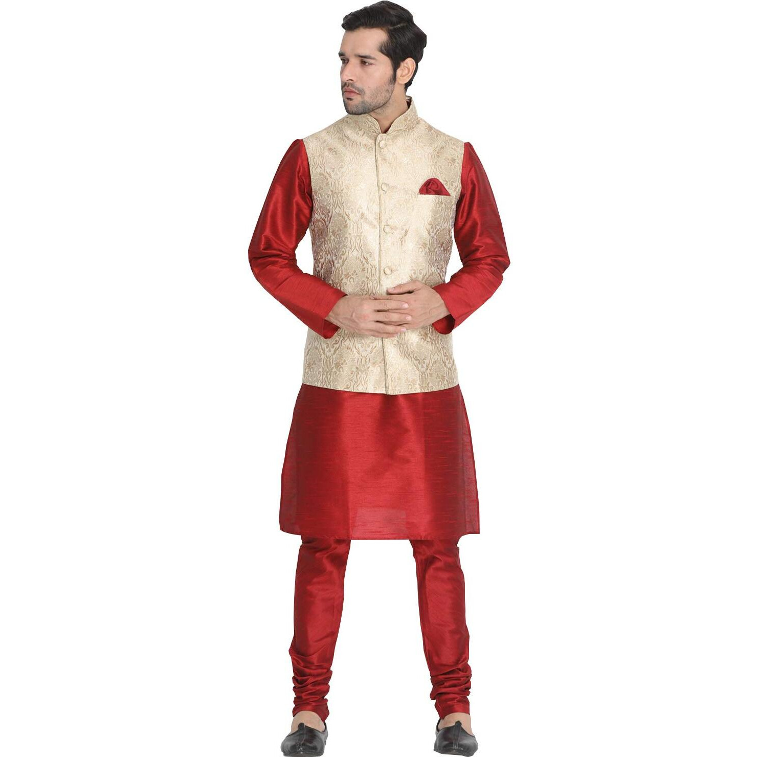 VASTRAMAY Men's Maroon Cotton Silk Blend Kurta, Ethnic Jacket and Pyjama Set_VASMJ024RGnMKMA001nPMA_42