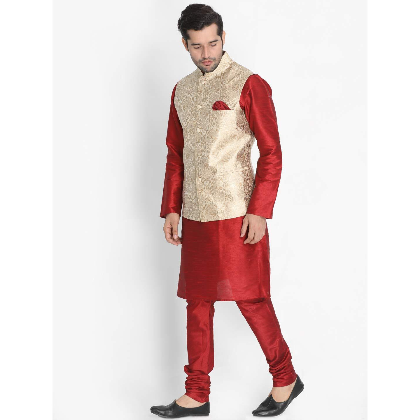 VASTRAMAY Men's Maroon Cotton Silk Blend Kurta, Ethnic Jacket and Pyjama Set_VASMJ024RGnMKMA001nPMA_42