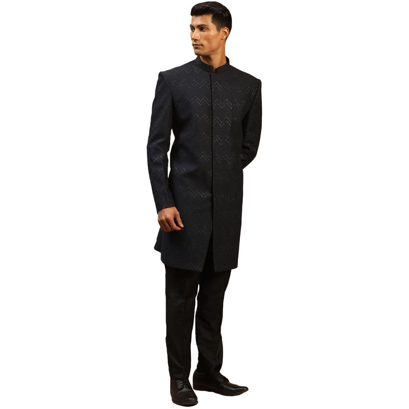 VASTRAMAY Men's Navy Blue And Black Silk Blend Sherwani Set | Imported Fabric Designer Indowestern And Pant style Pyjama Set