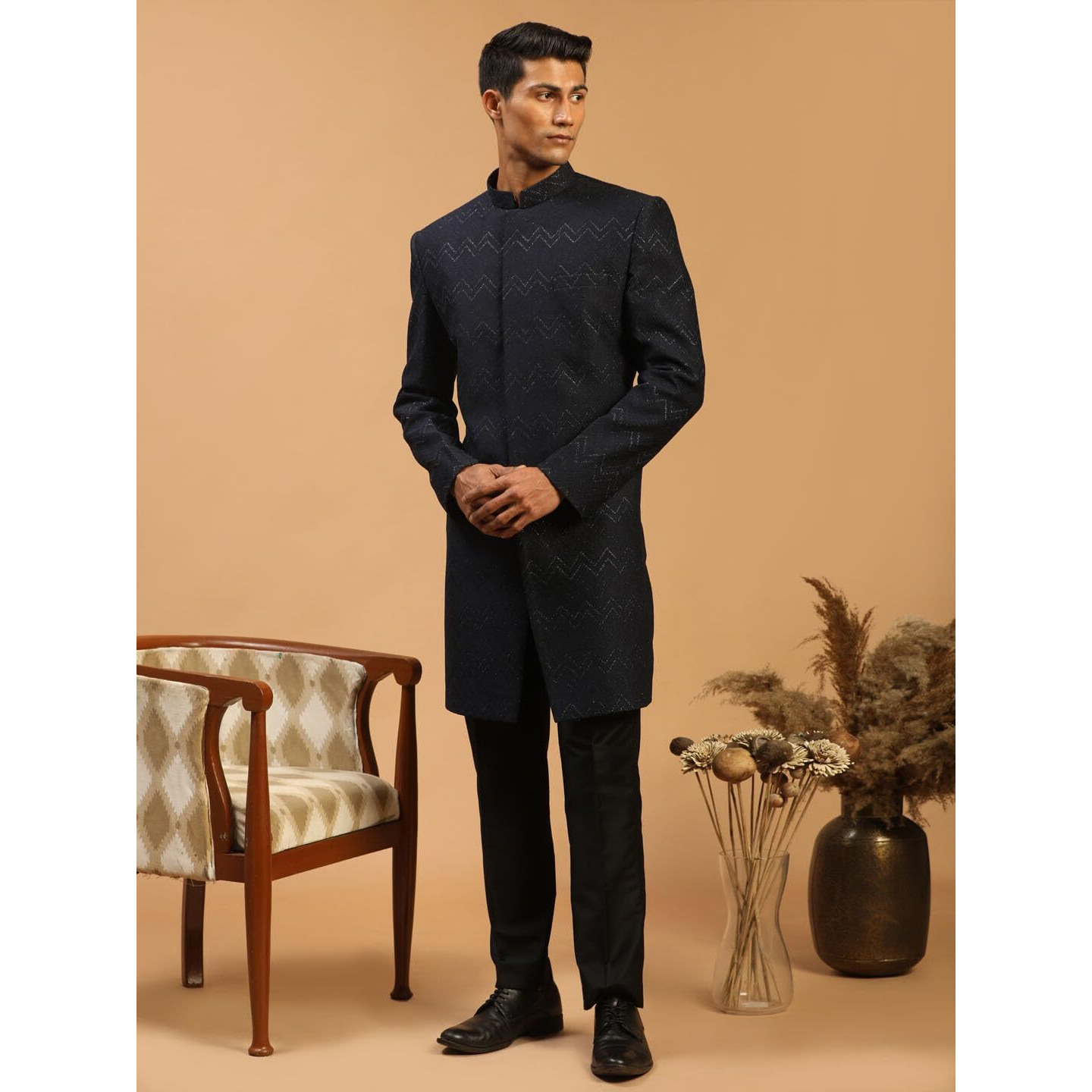 VASTRAMAY Men's Navy Blue And Black Silk Blend Sherwani Set | Imported Fabric Designer Indowestern And Pant style Pyjama Set