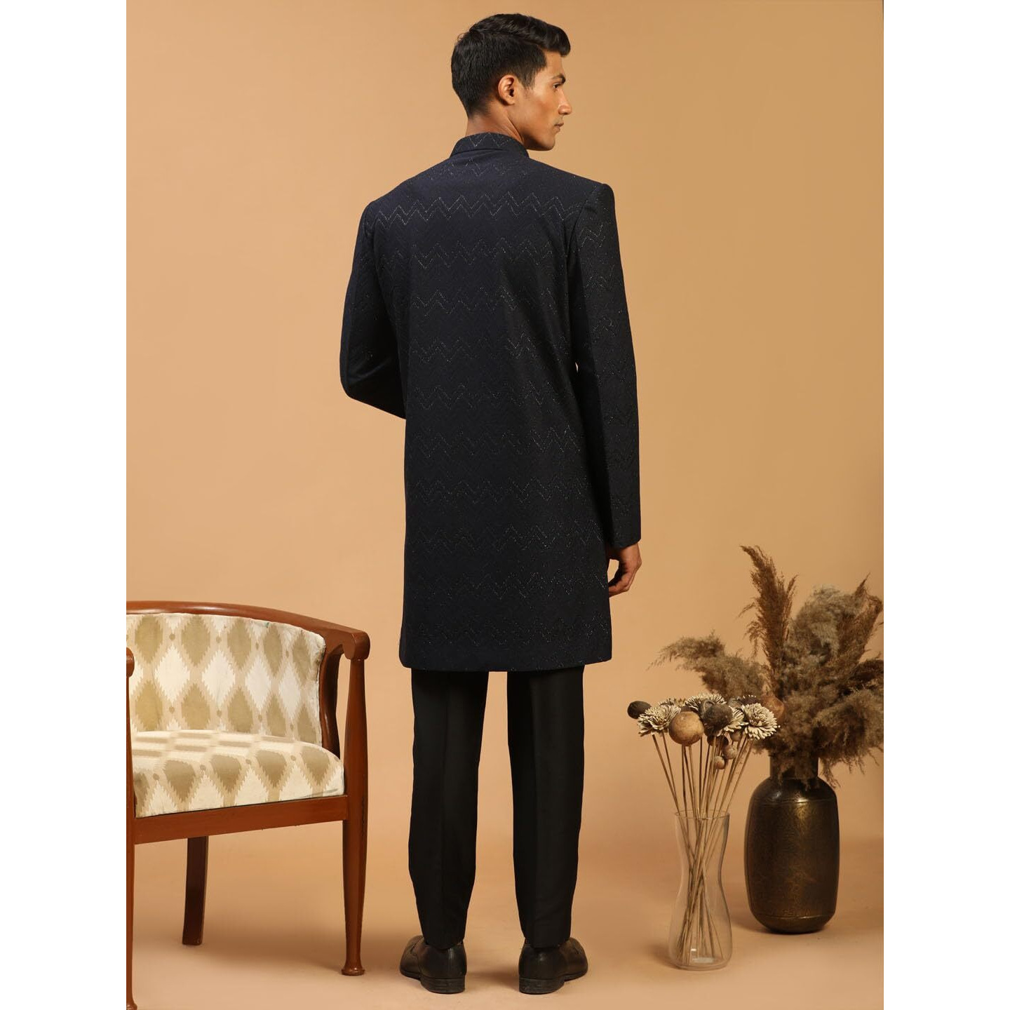 VASTRAMAY Men's Navy Blue And Black Silk Blend Sherwani Set | Imported Fabric Designer Indowestern And Pant style Pyjama Set