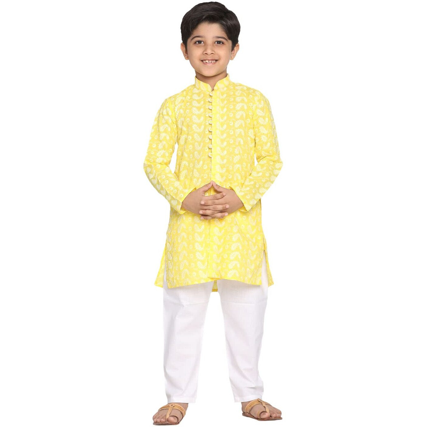 VASTRAMAY Boys' Mustard And White Kurta Pyjama Set | Classic Ensemble Of Lukhnowi Chikankari Kurta & Pyjama for Navratri, Diwali & Festive Celebrations - Stylish and Comfortable Indian Outfit for Kids