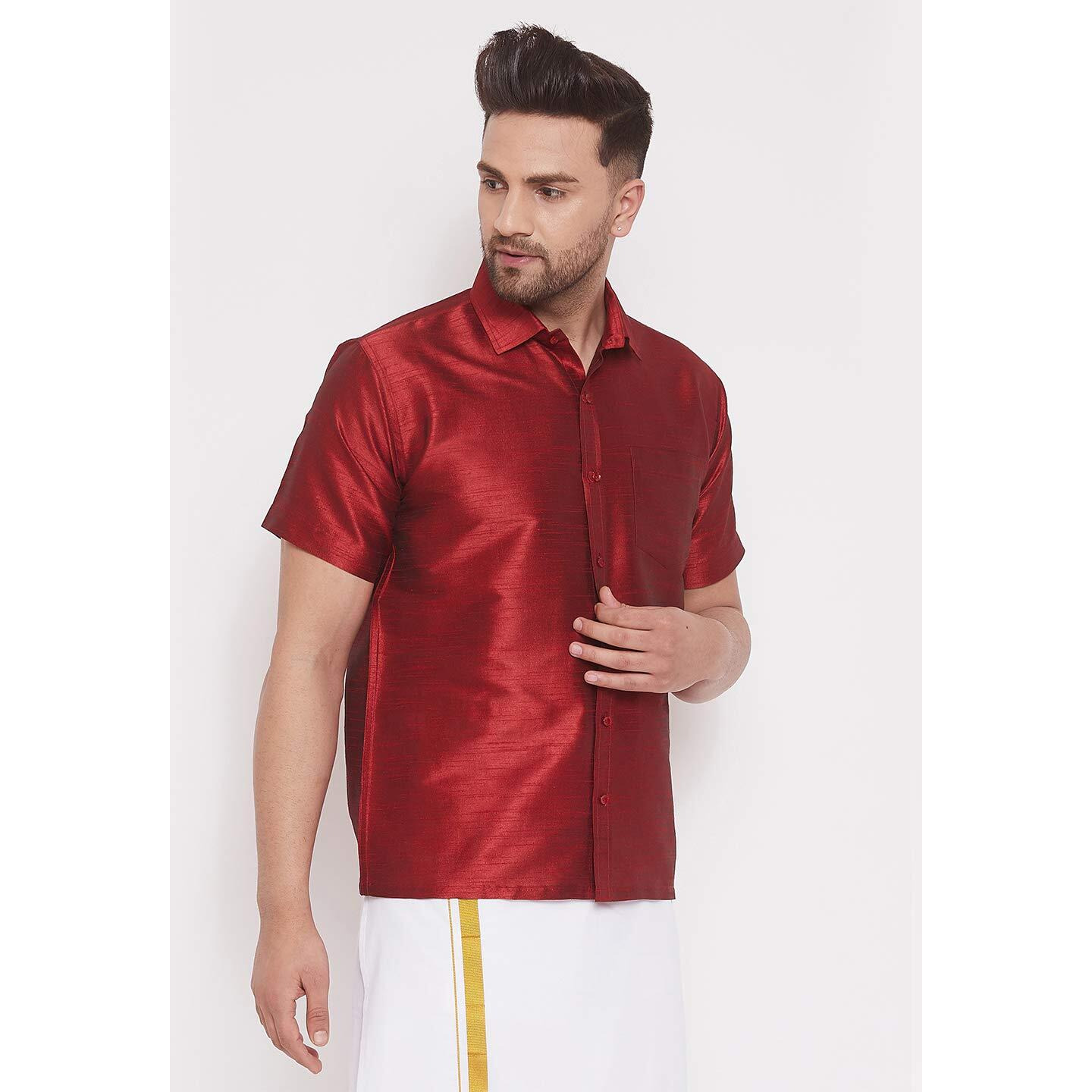 VASTRAMAY Men's Maroon Silk Blend Ethnic Shirt - Half Sleeve South Indian Traditional Shirt - Chennai/Madras Shirt for Weddings, Festivals & Formal Occasions