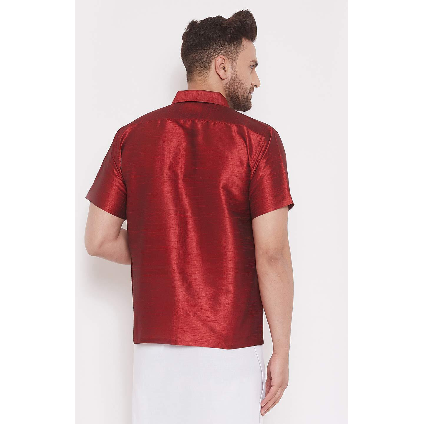 VASTRAMAY Men's Maroon Silk Blend Ethnic Shirt - Half Sleeve South Indian Traditional Shirt - Chennai/Madras Shirt for Weddings, Festivals & Formal Occasions