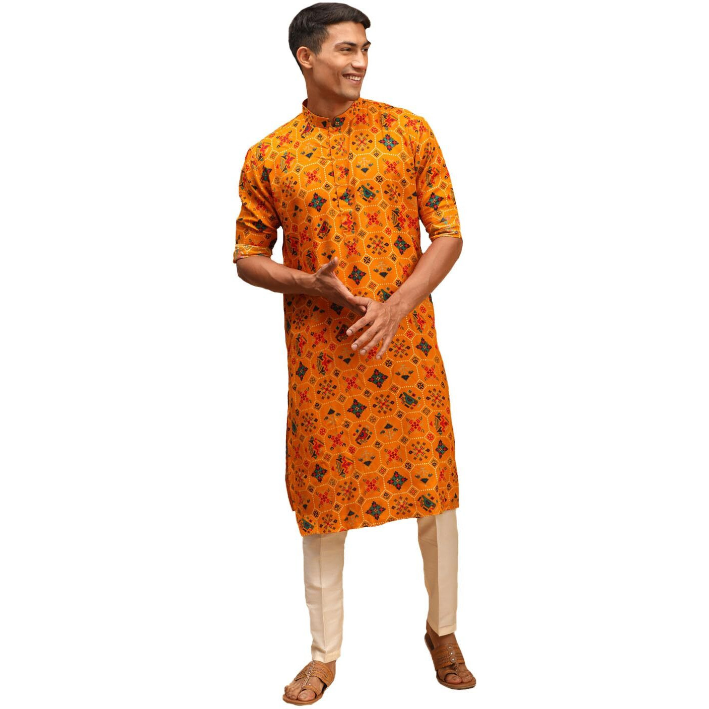 VASTRAMAY Men's Cotton Mix Yellow Kurta And Cream Pyjama Set_VASMK160YWnPANT002CR_38