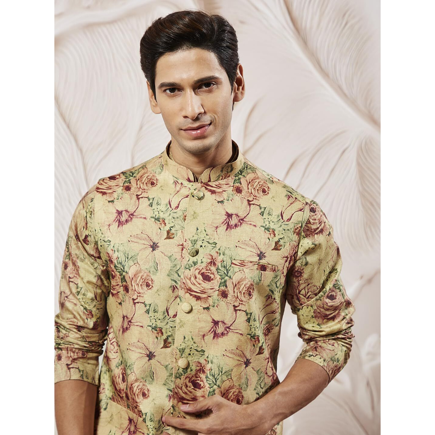 VASTRAMAY Men's Cream And Brown Silk Blend Jacket, Kurta and Pyjama Set_VASMJ159nK159nVPCR_42