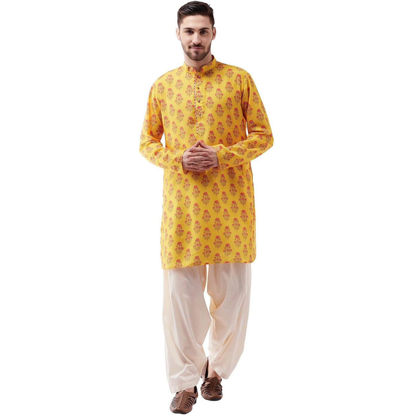 VASTRAMAY Men's Multicolor-Base-Mustard And Cream Muslin Cotton Kurta and Patiala Set_VASMUK007ORnPTYCR_42