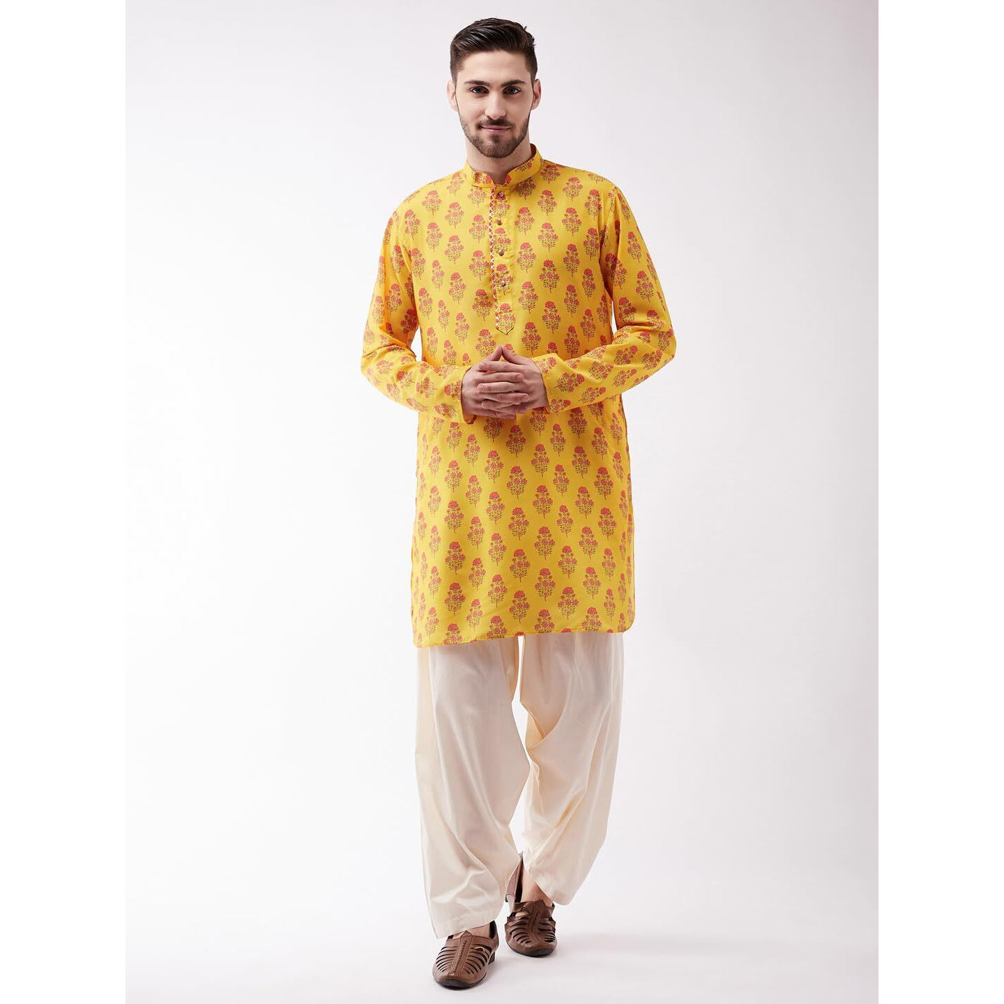 VASTRAMAY Men's Multicolor-Base-Mustard And Cream Muslin Cotton Kurta and Patiala Set_VASMUK007ORnPTYCR_42