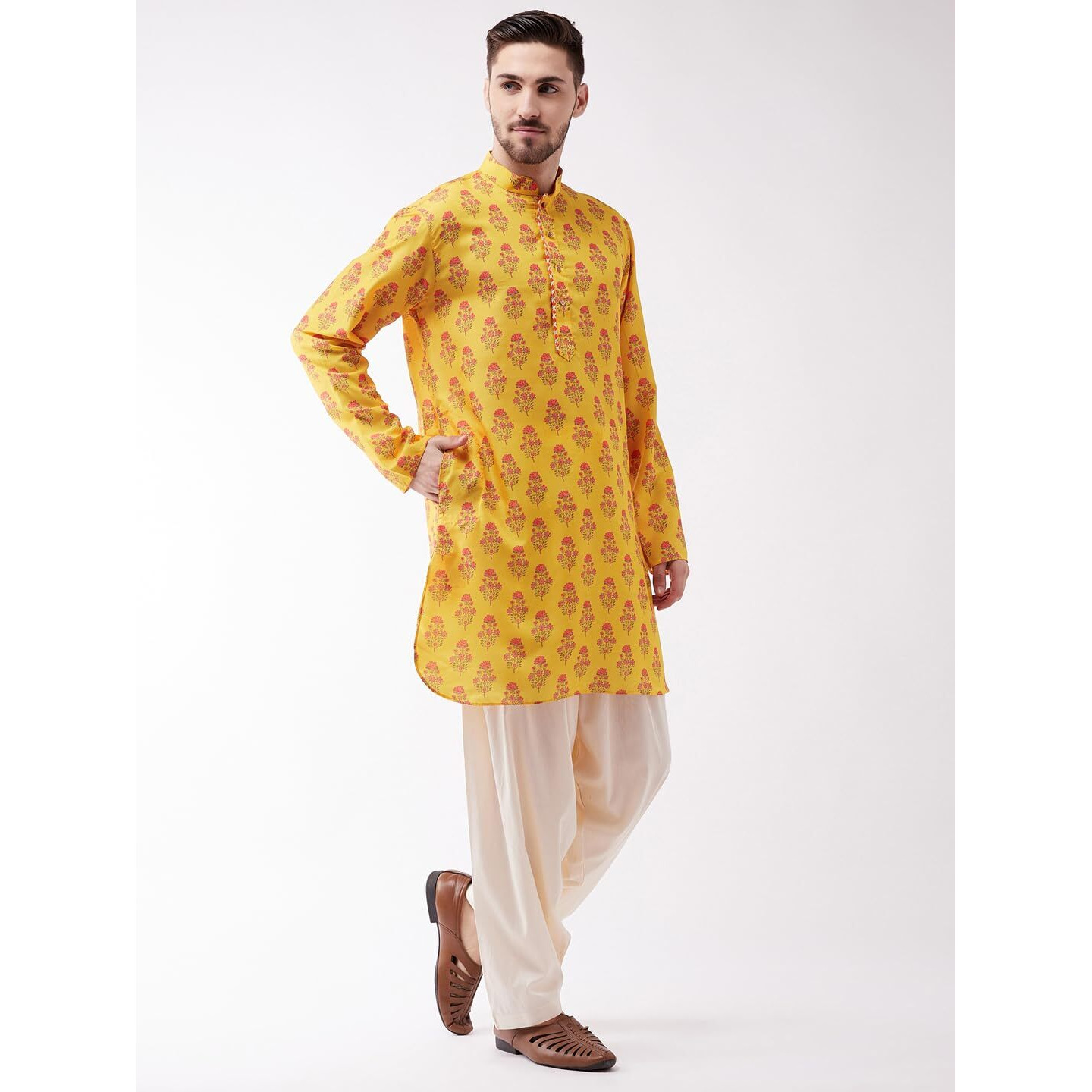 VASTRAMAY Men's Multicolor-Base-Mustard And Cream Muslin Cotton Kurta and Patiala Set_VASMUK007ORnPTYCR_42