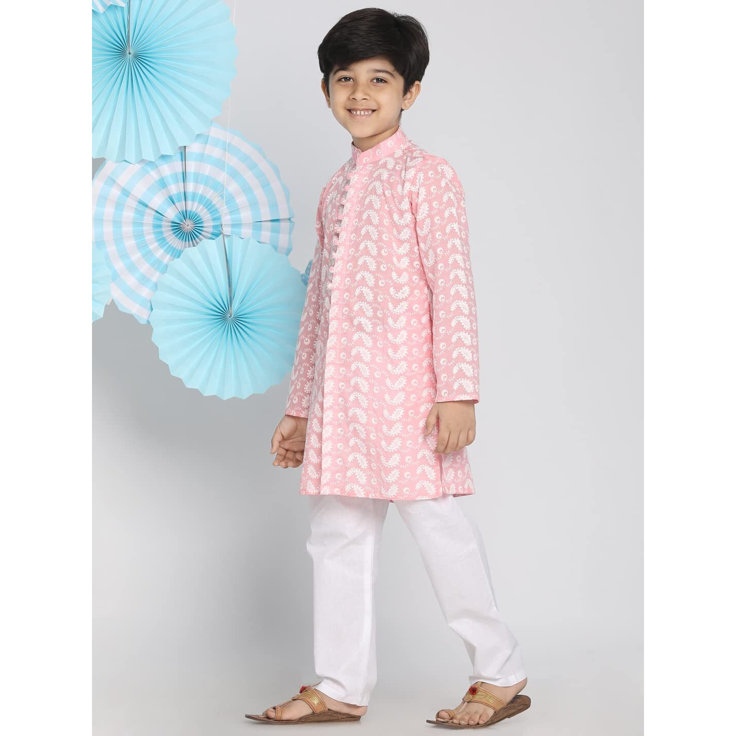 VASTRAMAY Boys' Pink And White Kurta Pyjama Set | Classic Ensemble Of Lukhnowi Chikankari Kurta With Pyjama for Navratri, Diwali & Festive Celebrations - Stylish and Comfortable Indian Outfit for Kids
