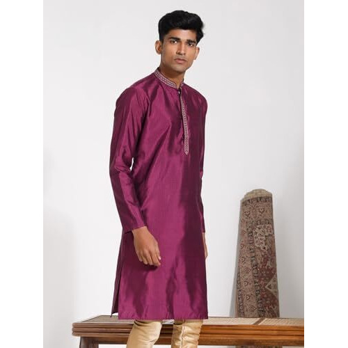 VASTRAMAY Men's Purple Blend Kurta I Jacquard Embroidery Knee Length Kurta I Fastive Party Wedding Traditions Kurta_VASMK278PU_38