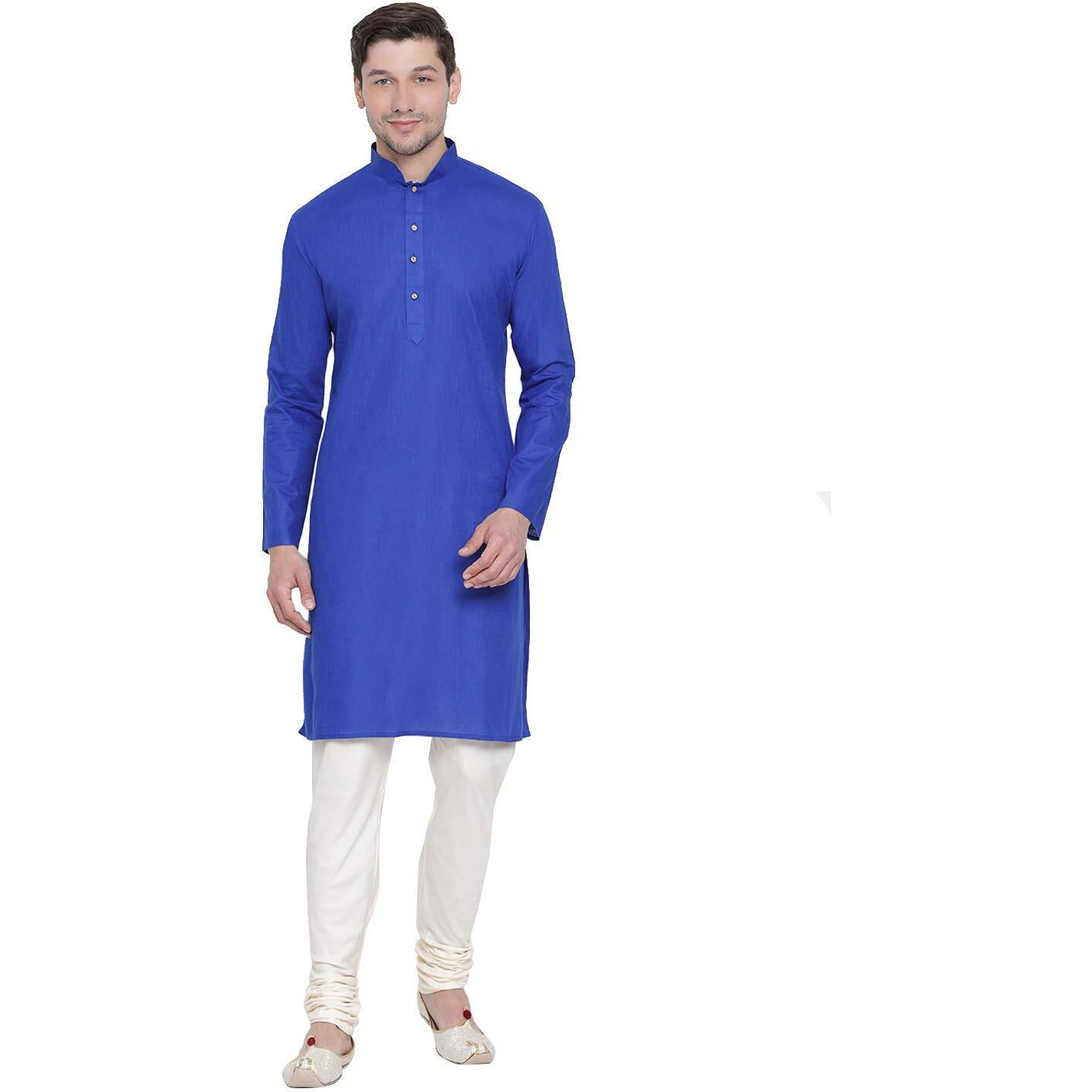 VASTRAMAY Men's Blue Cotton Linen Blend Kurta Pyjama Set_VASMK007BUnPLBCR_46