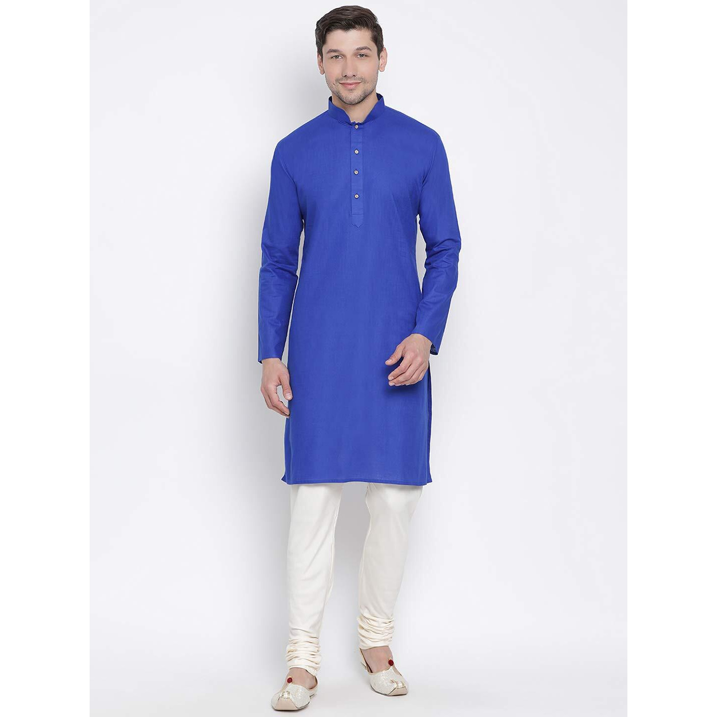 VASTRAMAY Men's Blue Cotton Linen Blend Kurta Pyjama Set_VASMK007BUnPLBCR_46