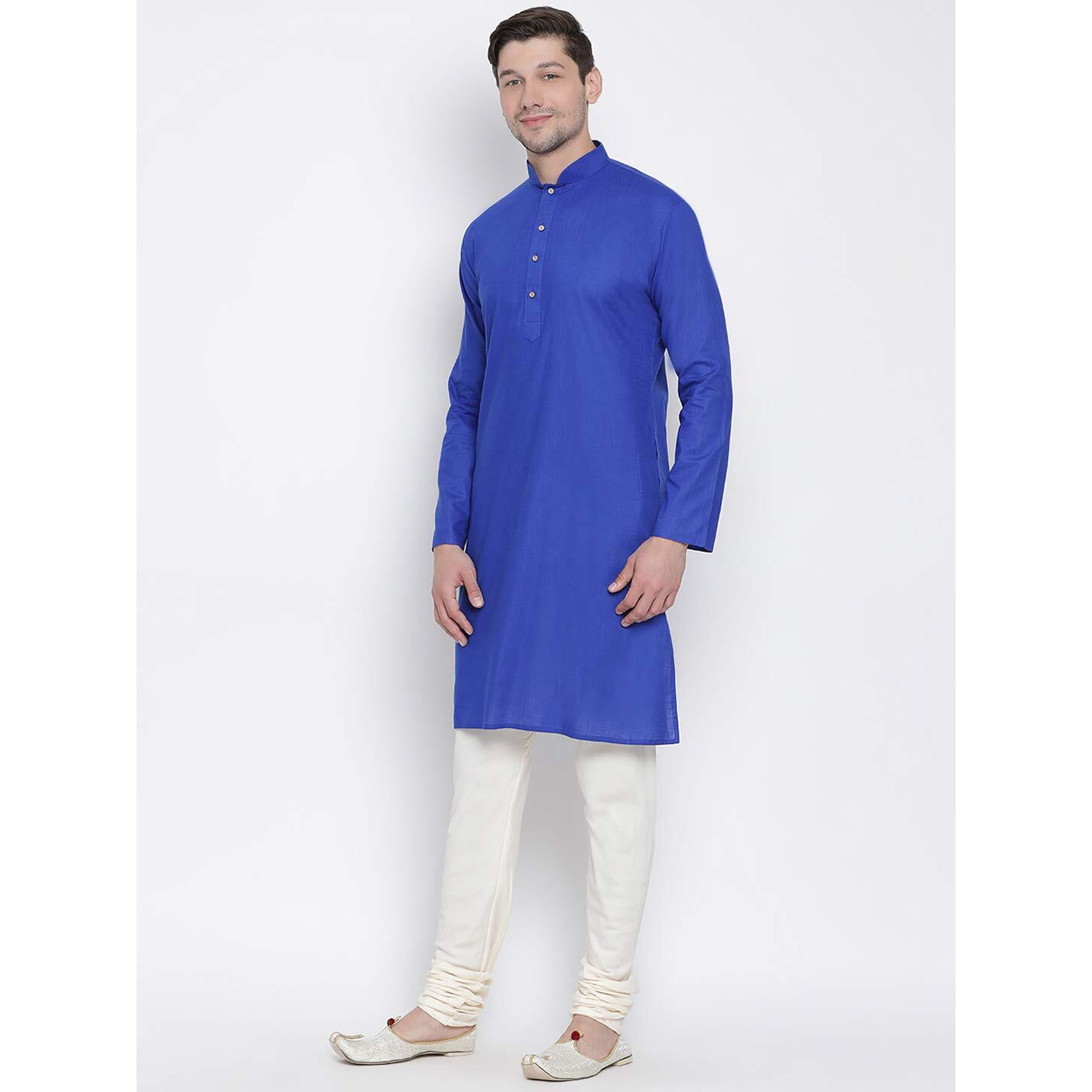 VASTRAMAY Men's Blue Cotton Linen Blend Kurta Pyjama Set_VASMK007BUnPLBCR_46