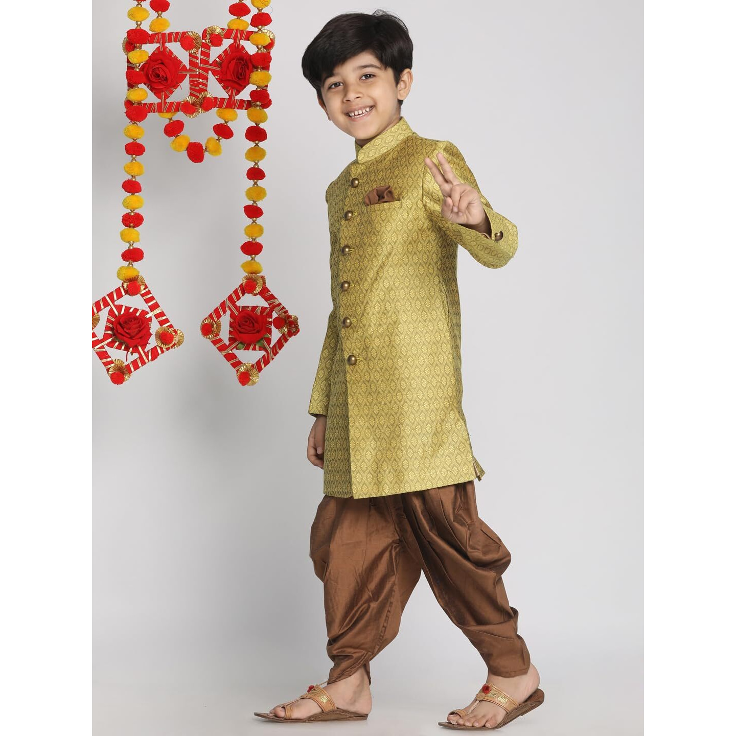 VASTRAMAY Boys' Mustard Yellow And Coffee Indowestern Sherwani and Cowl dhoti pant Set | Banarasi Silk Jacquard Sherwani - Traditional Ethnic Wear for Men - Perfect for Weddings, Festive, Navratri