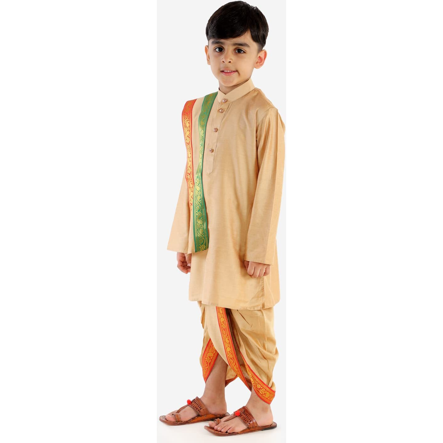VASTRAMAY Boys' Rose Gold Kurta, Dhoti and Dupatta Set, Full Sleeve Cotton Blend with Mandarin Collar, Traditional South Indian Style Ethnic Wear for Festive & Wedding Celebrations