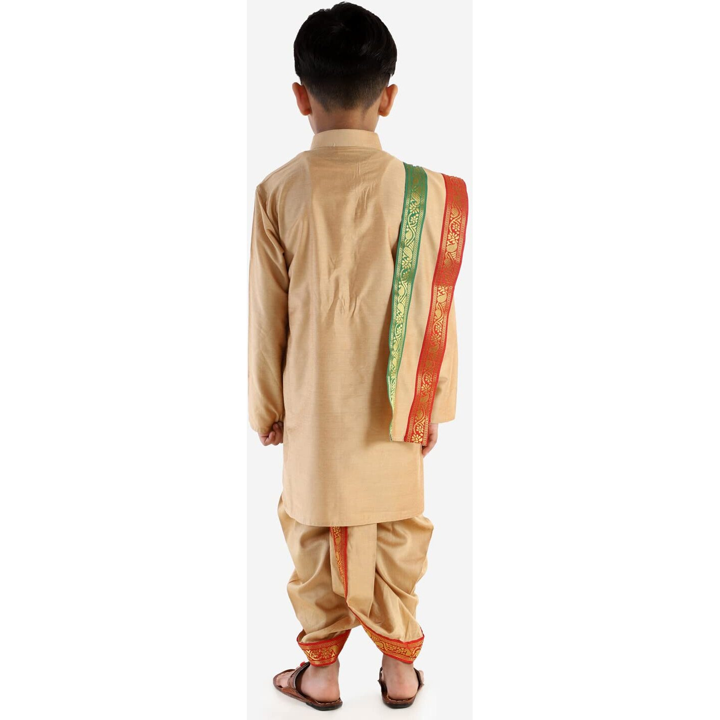VASTRAMAY Boys' Rose Gold Kurta, Dhoti and Dupatta Set, Full Sleeve Cotton Blend with Mandarin Collar, Traditional South Indian Style Ethnic Wear for Festive & Wedding Celebrations
