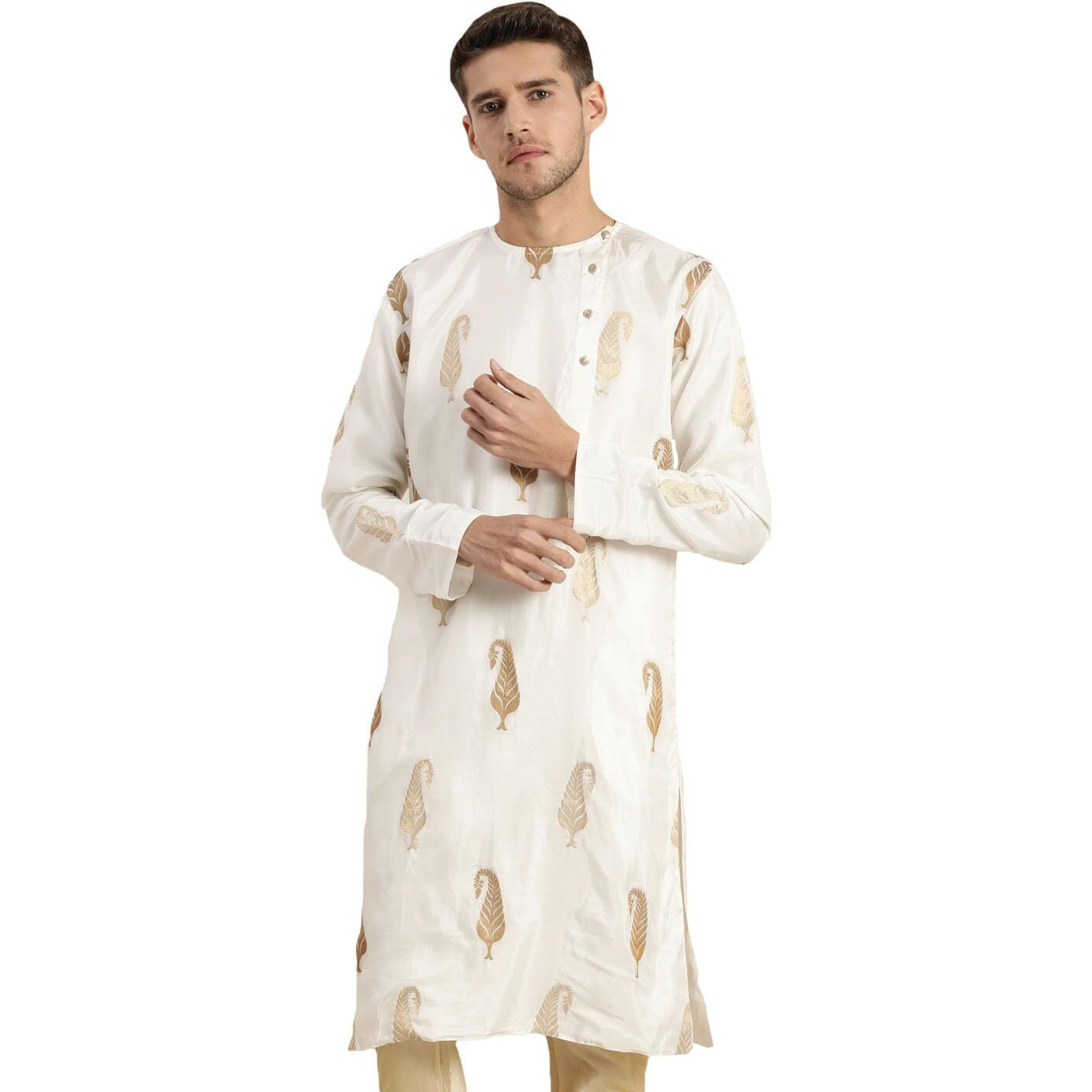 VASTRAMAY Men's White and Gold Silk Blend Kurta | Jacqard Silk Woven Design Angrakha Kurta | Timeless Elegance for Festivals & Events | Classic Design, Premium Comfort, and Versatile Style