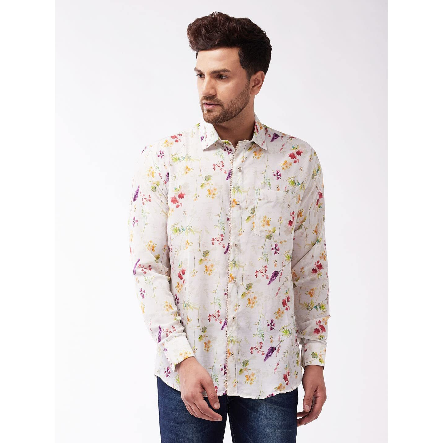 VASTRAMAY Men's Multicolor-Base-Cream Muslin Blend Ethnic Shirt_VASMSH089CR_40