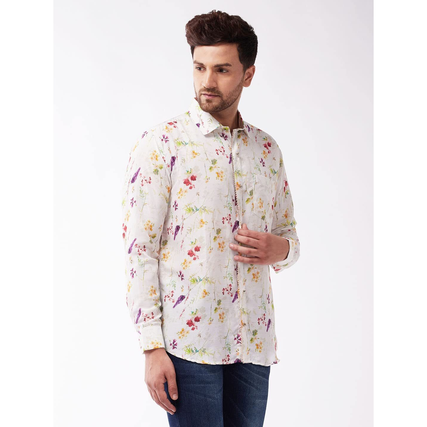 VASTRAMAY Men's Multicolor-Base-Cream Muslin Blend Ethnic Shirt_VASMSH089CR_40