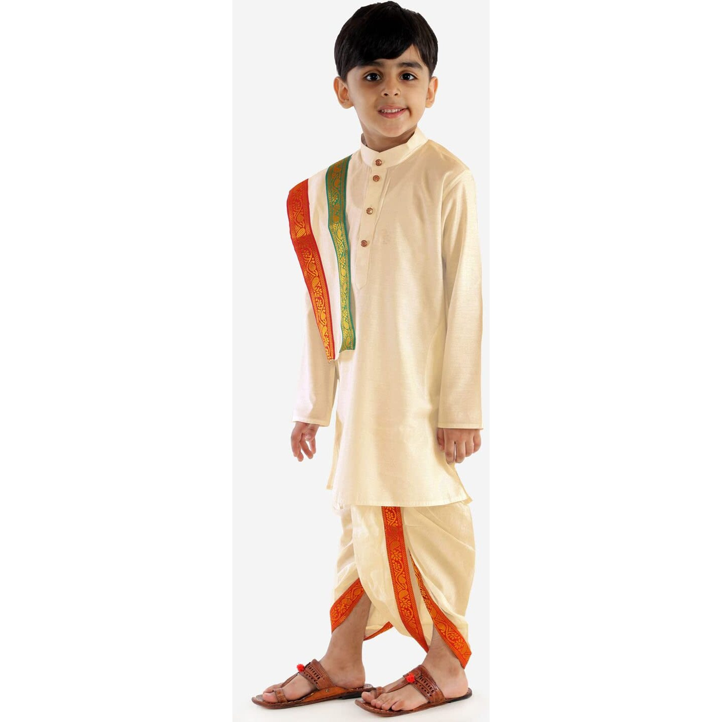 VASTRAMAY Boys' Pongal/Onam Style Gold Kurta Dhoti and Dupatta Set  Traditional South Indian
