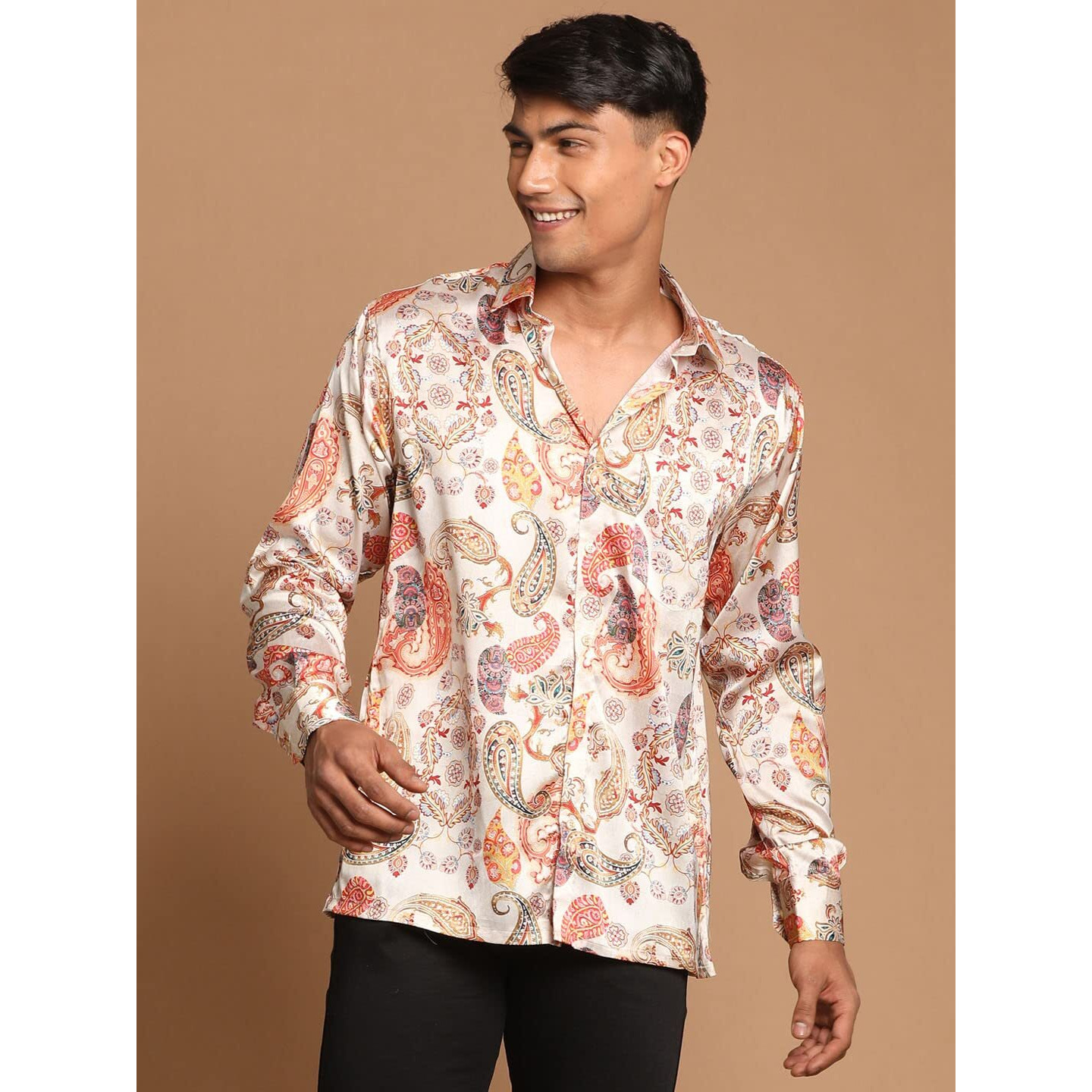 VASTRAMAY Men's Multicolored-Base-Beige Satin Ethnic Shirt_VASMSH017BG_38