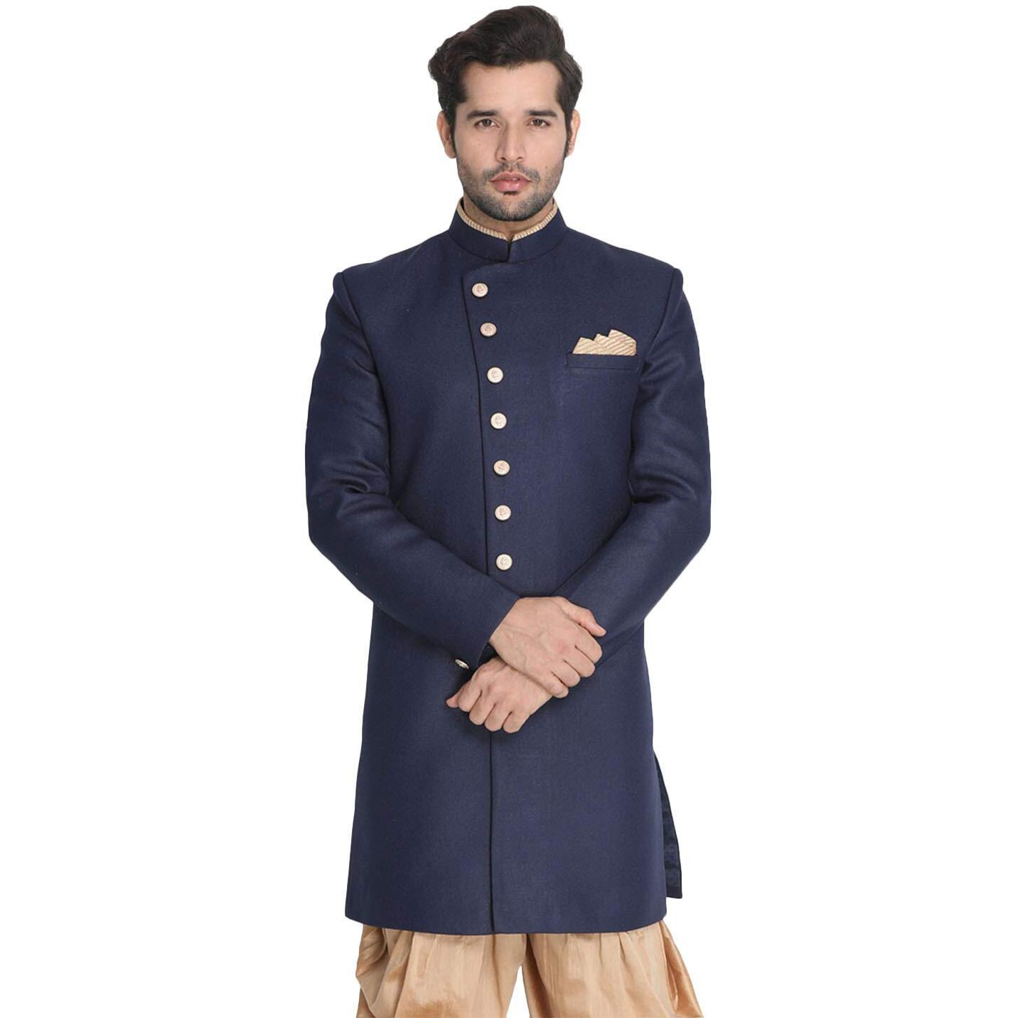 VASTRAMAY Men's Navy Blue Silk Blend Sherwani Only Top_VASMIW001NB_46