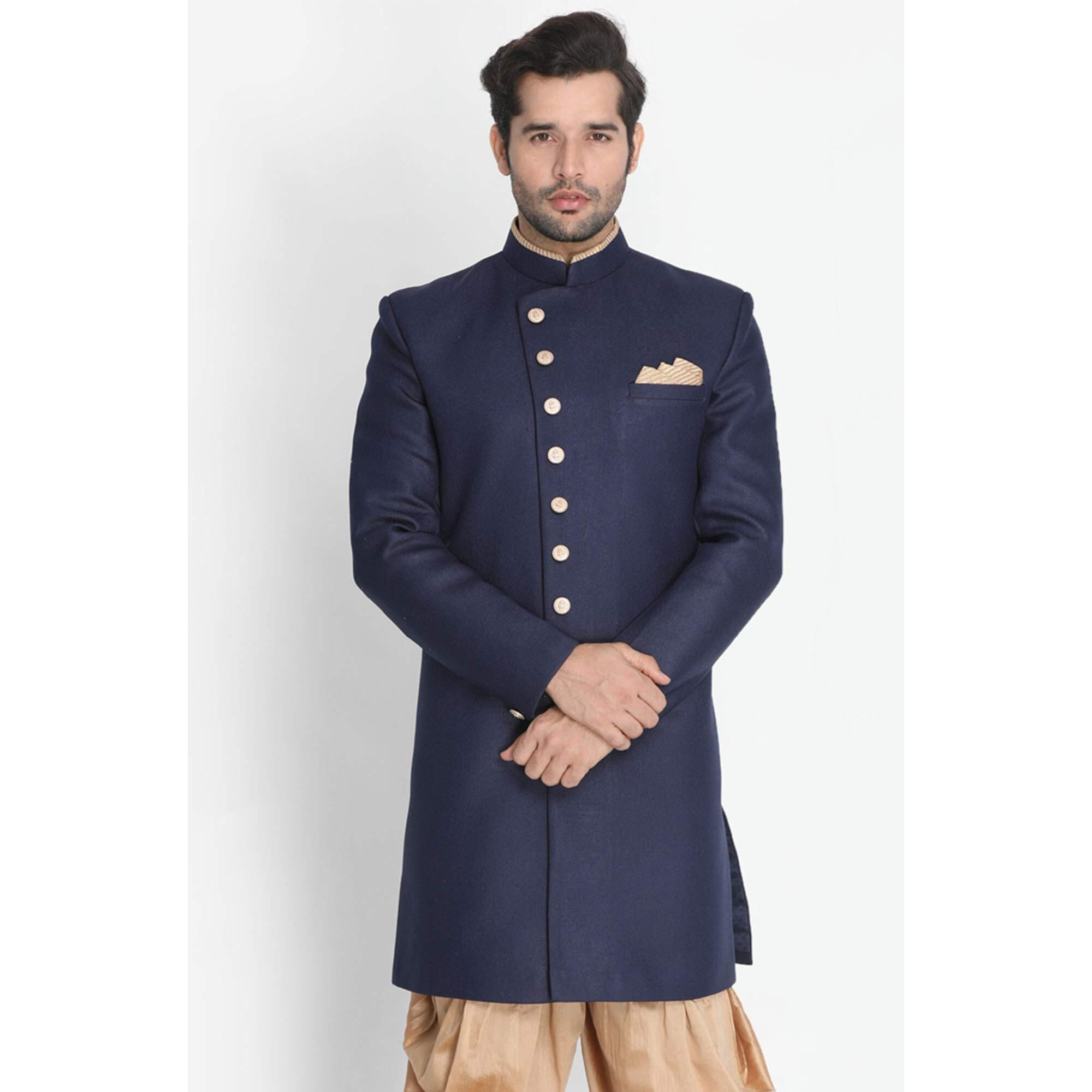 VASTRAMAY Men's Navy Blue Silk Blend Sherwani Only Top_VASMIW001NB_46