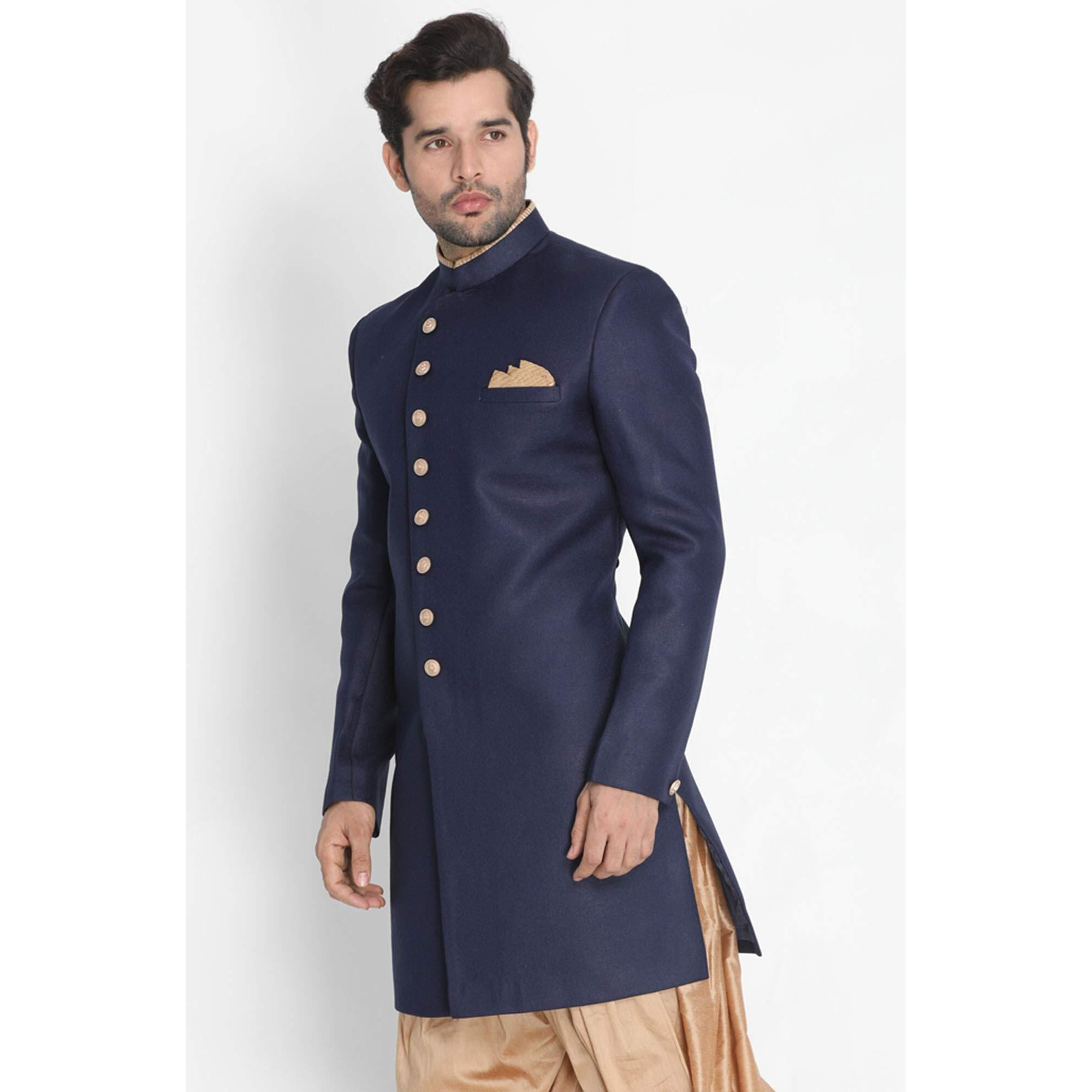 VASTRAMAY Men's Navy Blue Silk Blend Sherwani Only Top_VASMIW001NB_46