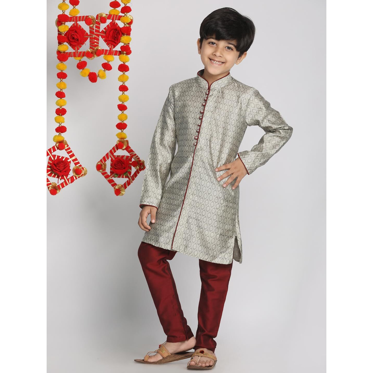 VASTRAMAY Boys' Beige,Grey And Maroon Kurta Pyjama Set_VASBK105BGnPVMA_26