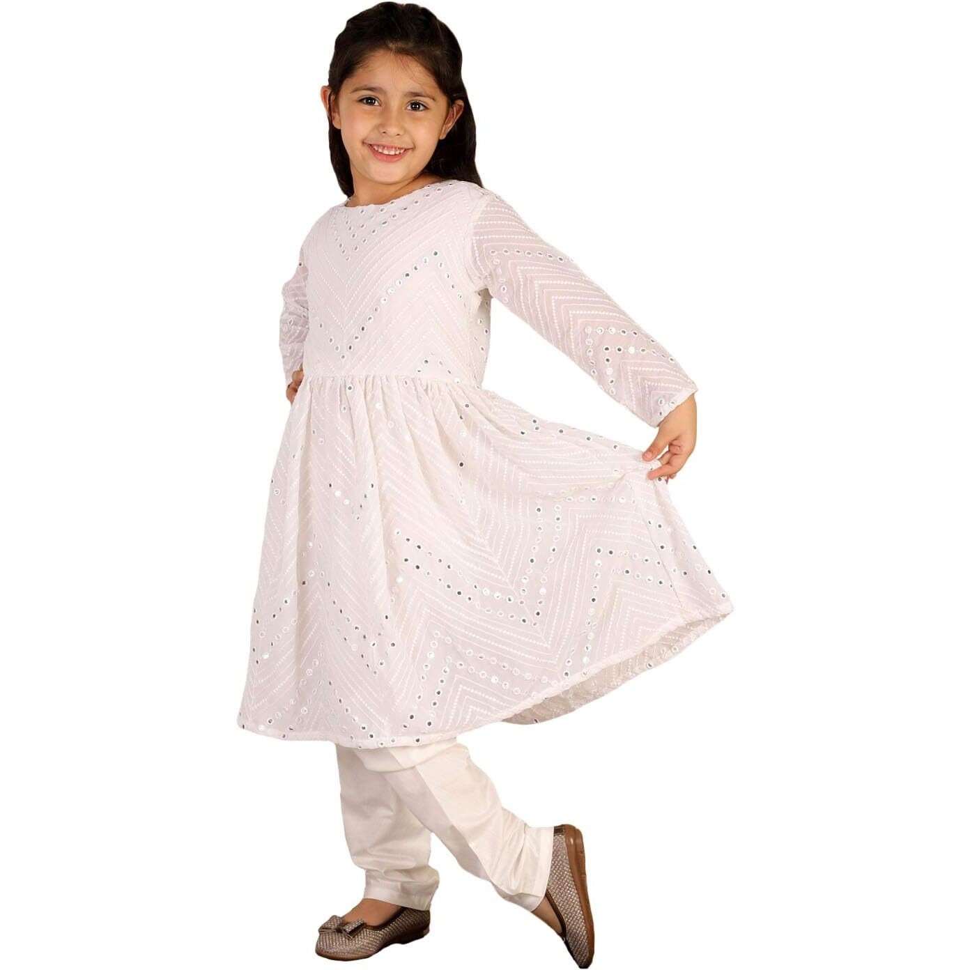 VASTRAMAY Girls' White Kurta And Churidar | Georgette Mirror Work Flare Anarkali Kurta With Viscose Churidar - Traditional Design - Ideal for Weddings, Festivals, and Special Occasions