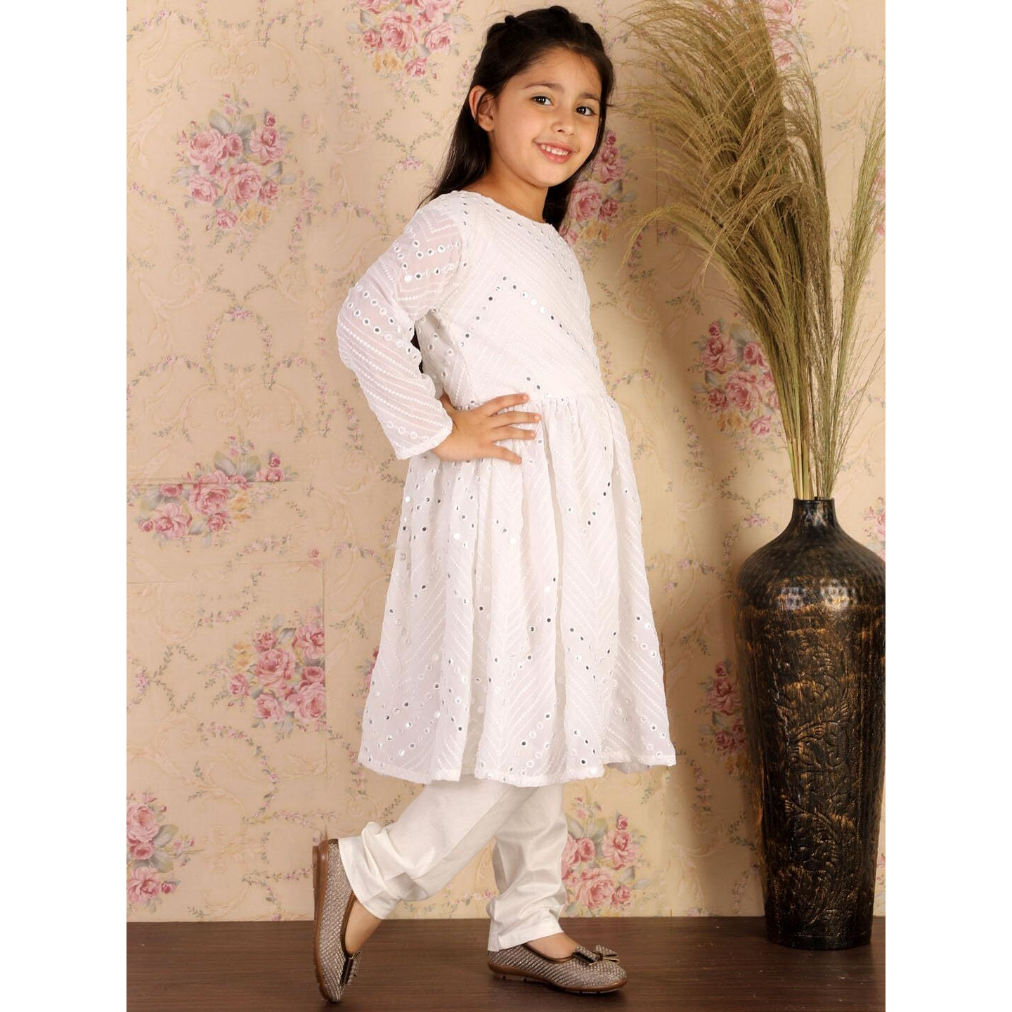 VASTRAMAY Girls' White Kurta And Churidar | Georgette Mirror Work Flare Anarkali Kurta With Viscose Churidar - Traditional Design - Ideal for Weddings, Festivals, and Special Occasions