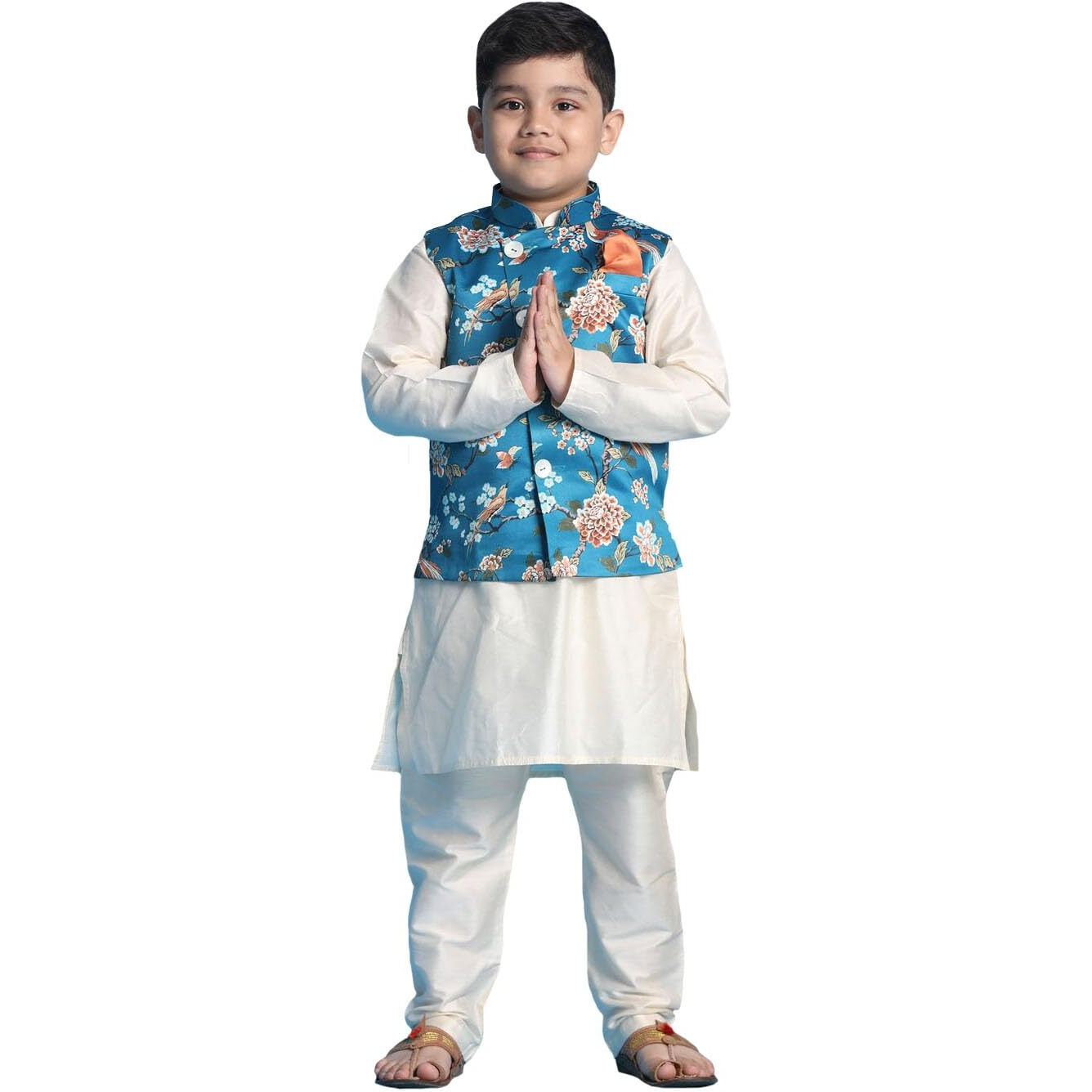 VASTRAMAY Boys' Turquoise And Cream Jacket, Kurta and Pyjama Set_VASBJ055TQnBK091CRnBVPCR_36