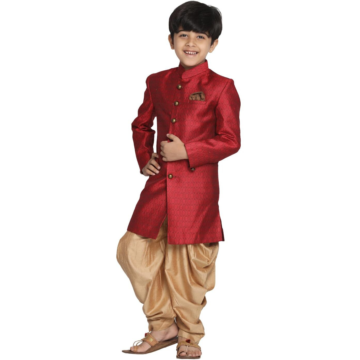 VASTRAMAY Boys' Maroon And Rose Gold Indowestern Sherwani and Cowl dhoti pant Set_VASBIW105MAnCDRG_28