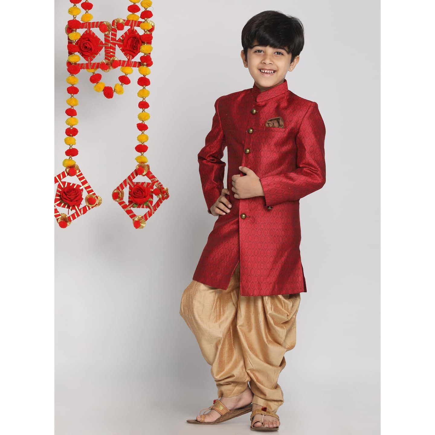 VASTRAMAY Boys' Maroon And Rose Gold Indowestern Sherwani and Cowl dhoti pant Set_VASBIW105MAnCDRG_28