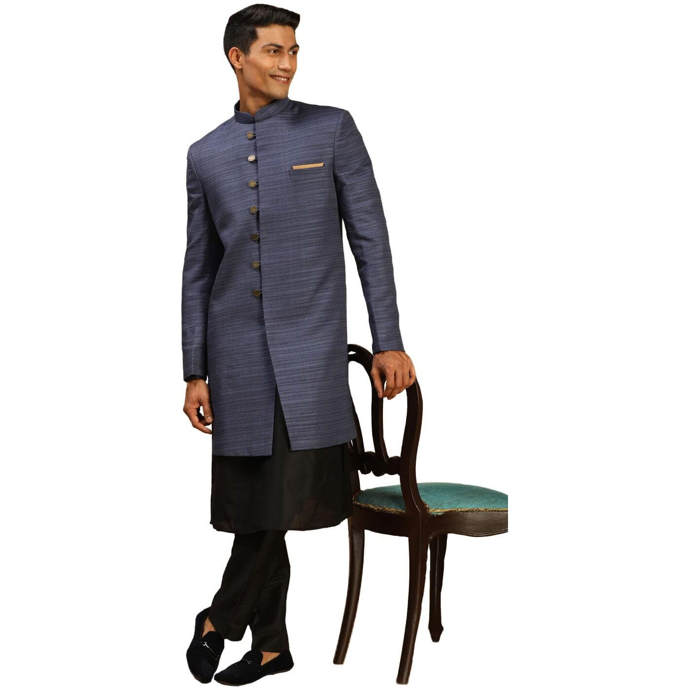 VASTRAMAY Men's Black And Navy Blue Viscose Sherwani Set