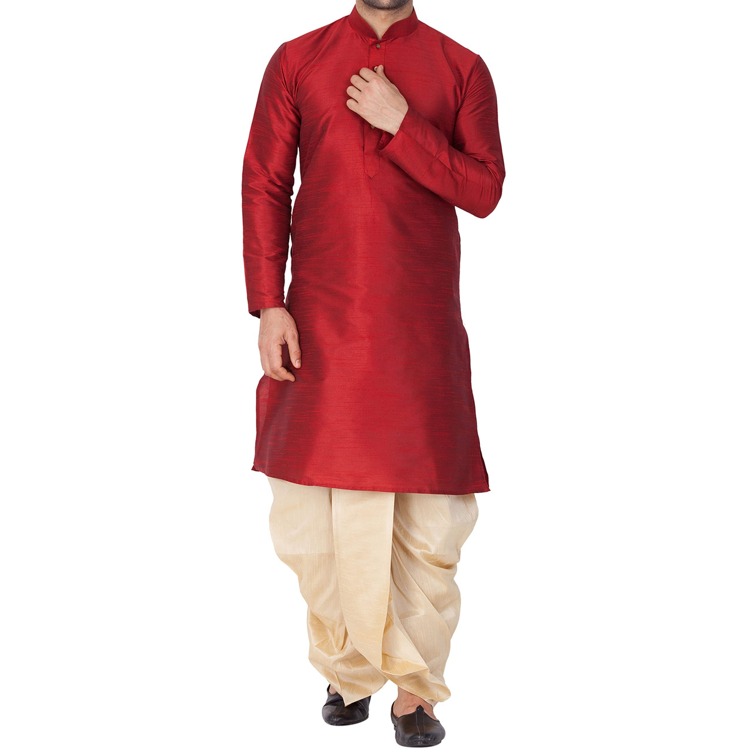 VASTRAMAY Mens Cotton Silk Kurta and Dhoti Pant Set (Maroon_VASMKMA001nDTGO_38)