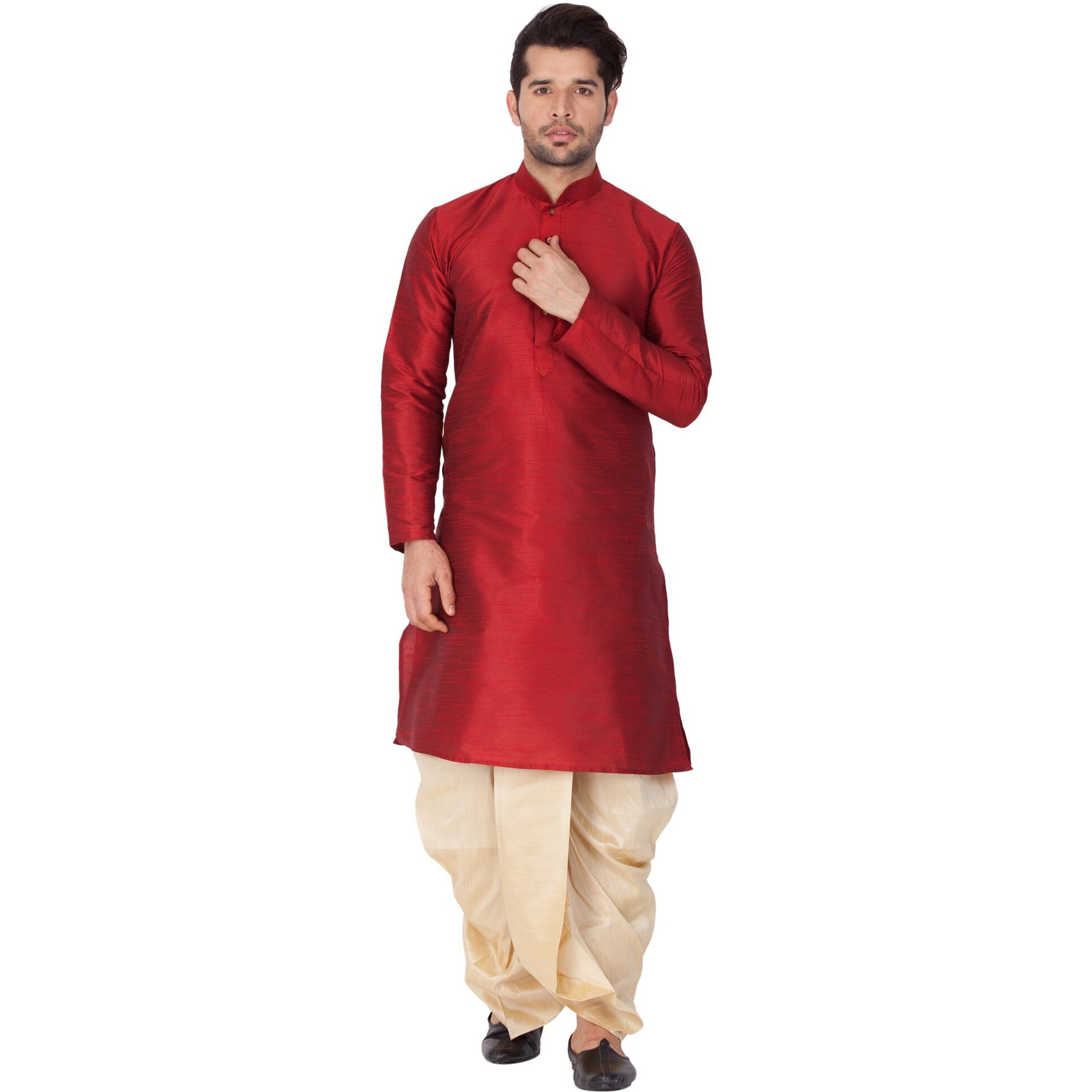 VASTRAMAY Mens Cotton Silk Kurta and Dhoti Pant Set (Maroon_VASMKMA001nDTGO_38)