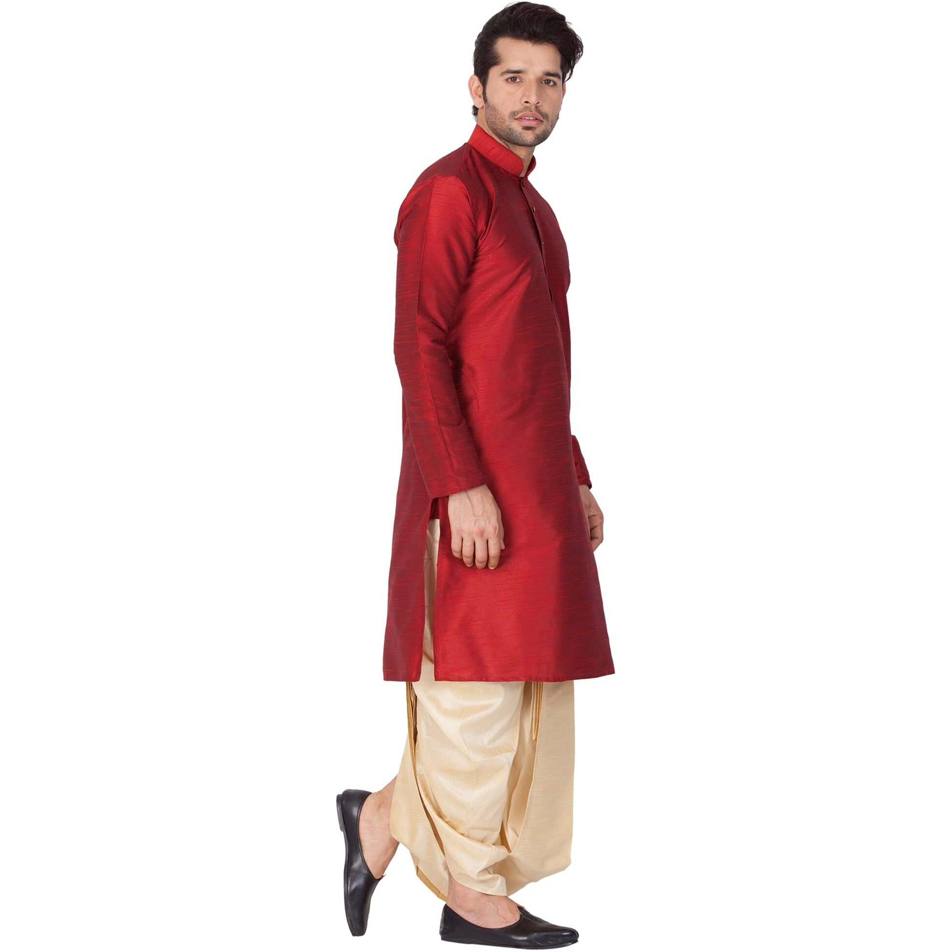 VASTRAMAY Mens Cotton Silk Kurta and Dhoti Pant Set (Maroon_VASMKMA001nDTGO_38)