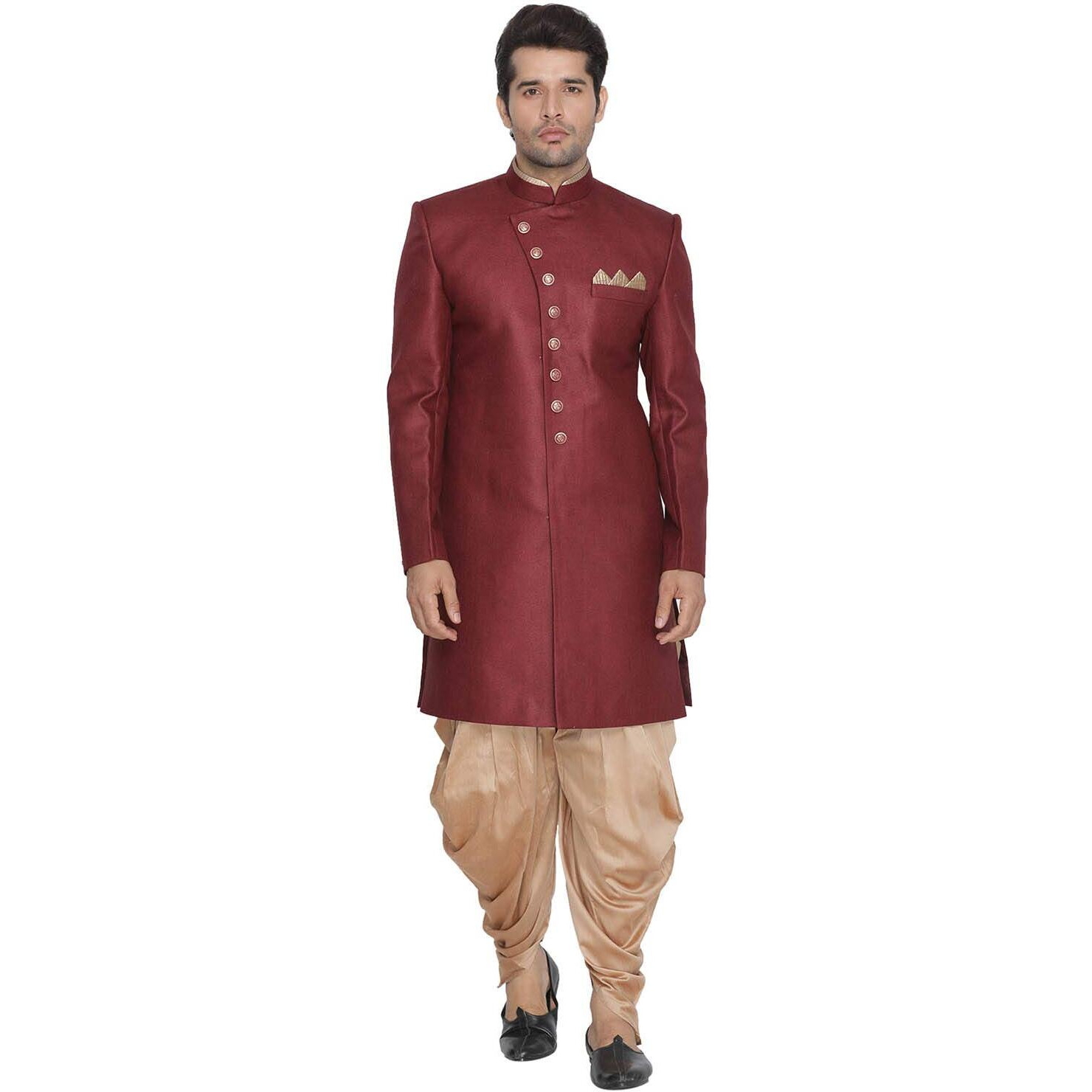 VASTRAMAY Men Maroon Jute Cotton Sherwani and Cow Style Dhoti Pant set (VASMIW001MAnCDRG_40)