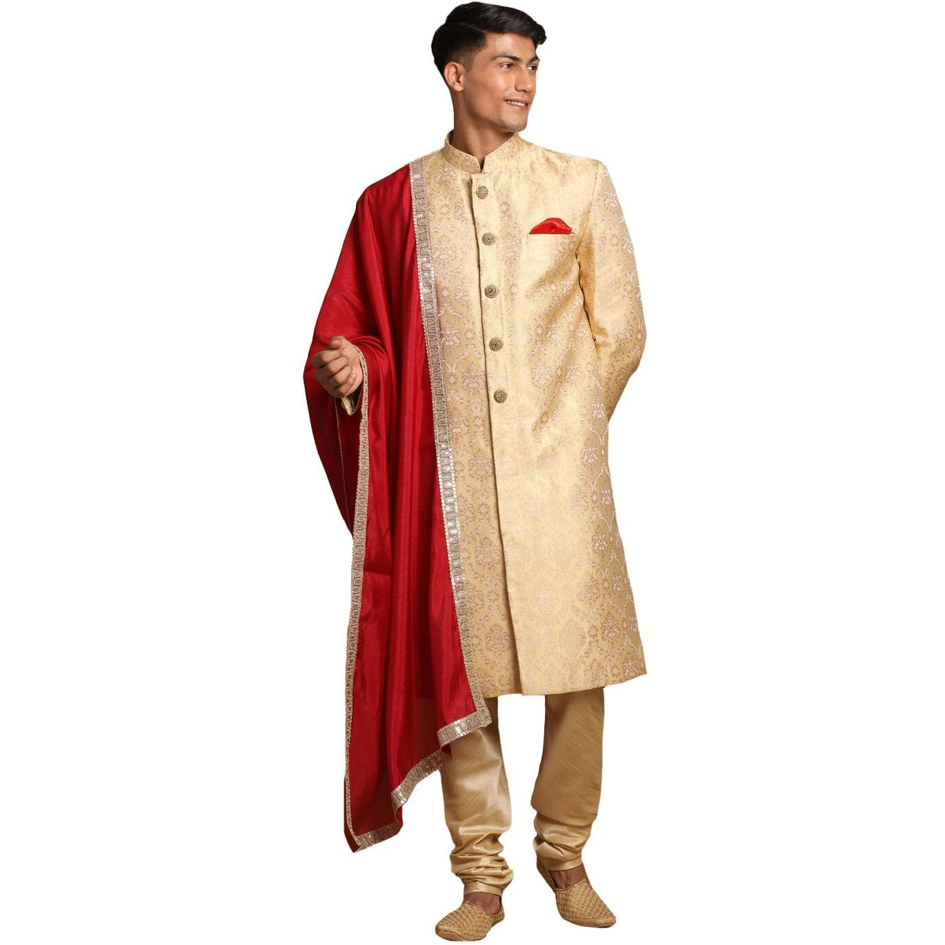 VASTRAMAY Men's Gold, Beige And Maroon Silk Blend Sherwani Set - A Set Of Brocade Sherwani And Pyjama With Dupatta