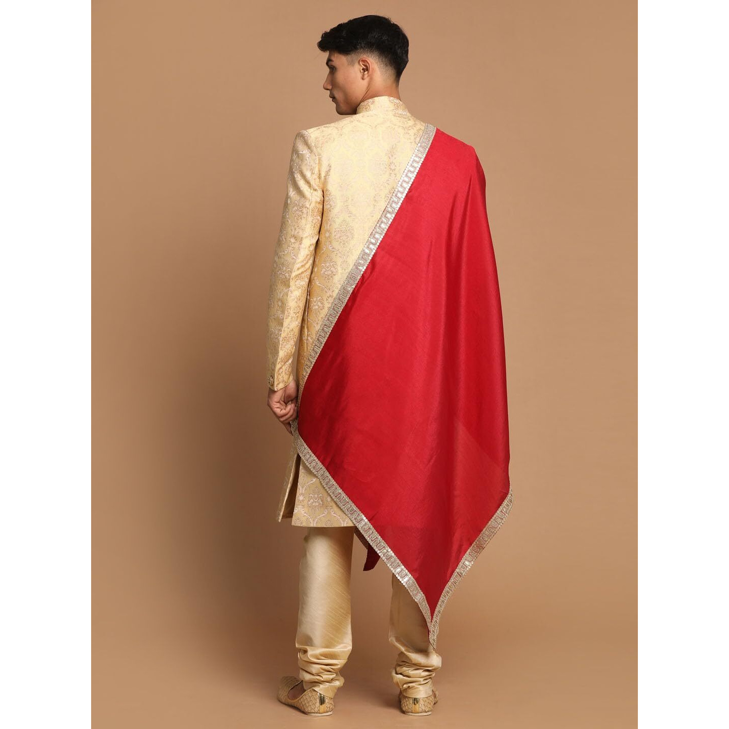 VASTRAMAY Men's Gold, Beige And Maroon Silk Blend Sherwani Set - A Set Of Brocade Sherwani And Pyjama With Dupatta