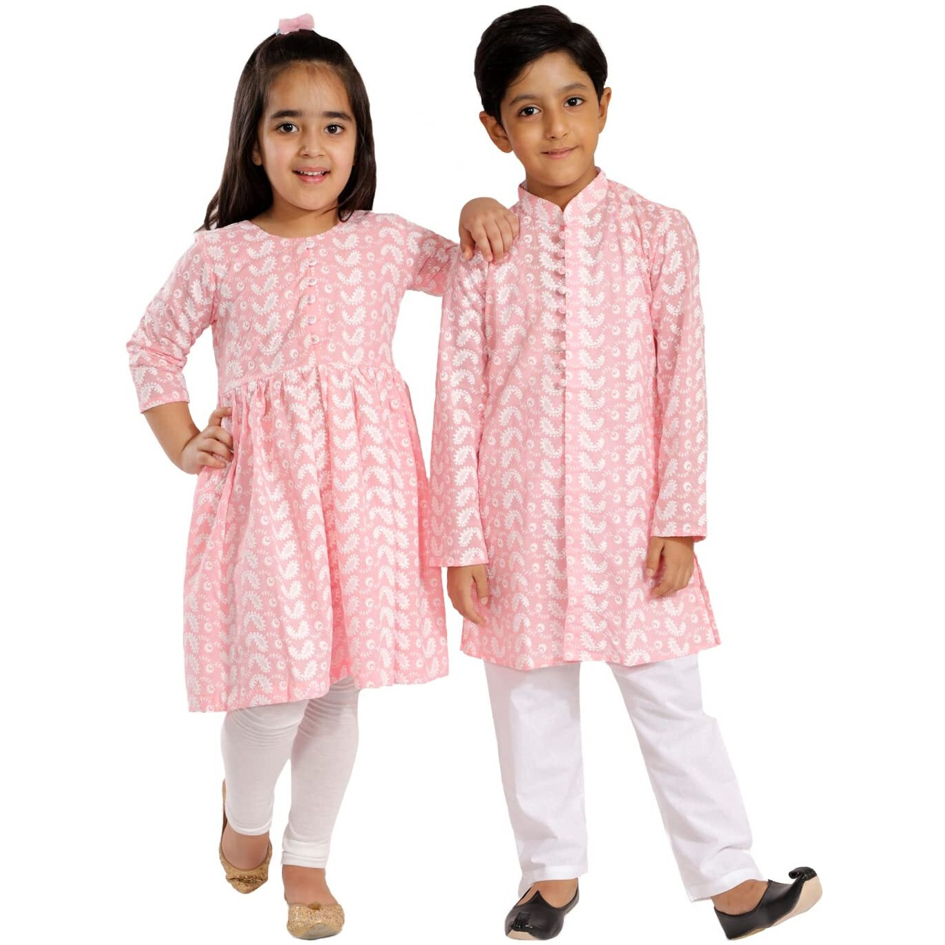 VASTRAMAY Boys' Pink And White Kurta Pyjama Set & Girls' Chikankari Cotton Kurta And Leggings Set[Boy's (3-4 Years) / Girl's (4-5 Years)]