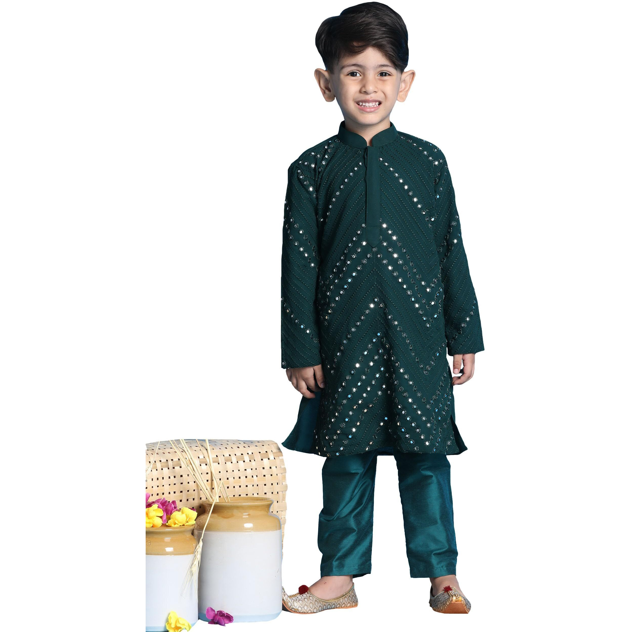 VASTRAMAY Boys' Green Kurta Pyjama Set | Boy's Mirror work Georgette Kurta and Pyjama Set for Navratri, Diwali & Festive Celebrations - Stylish and Comfortable Indian Outfit for Kids