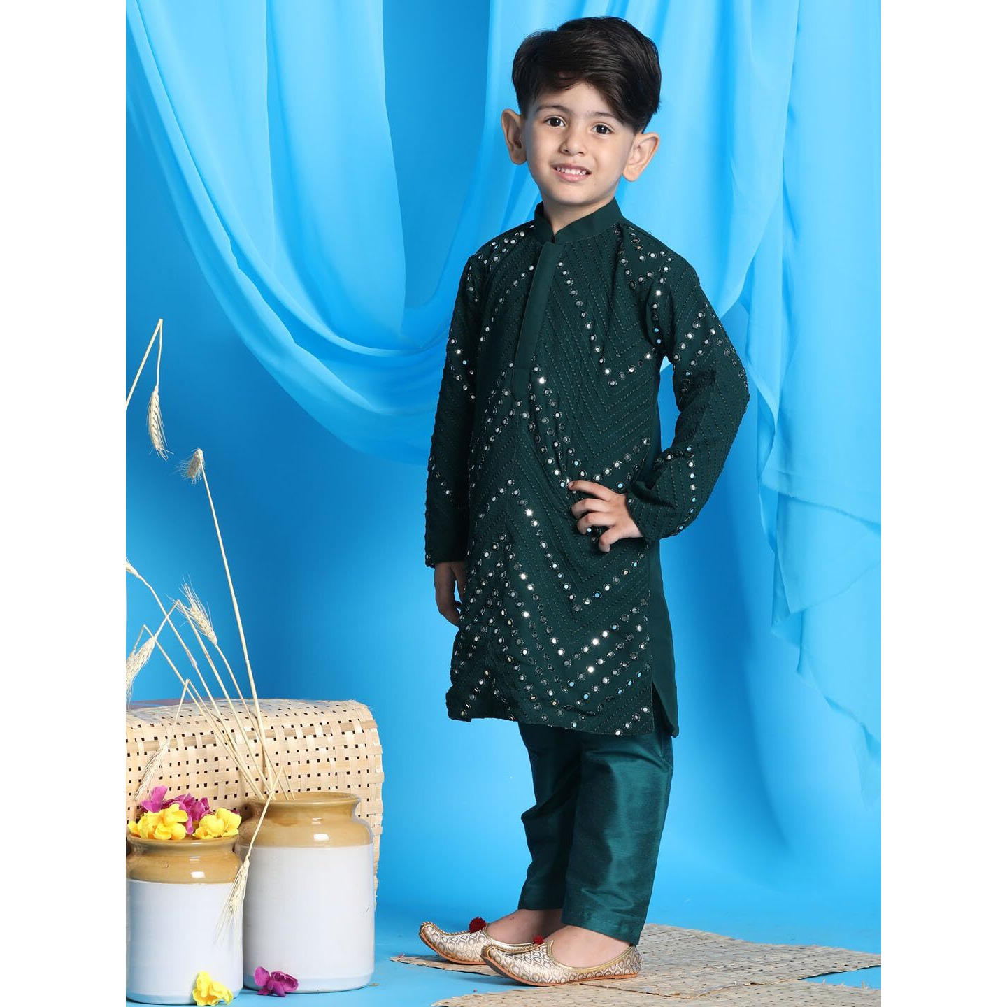 VASTRAMAY Boys' Green Kurta Pyjama Set | Boy's Mirror work Georgette Kurta and Pyjama Set for Navratri, Diwali & Festive Celebrations - Stylish and Comfortable Indian Outfit for Kids