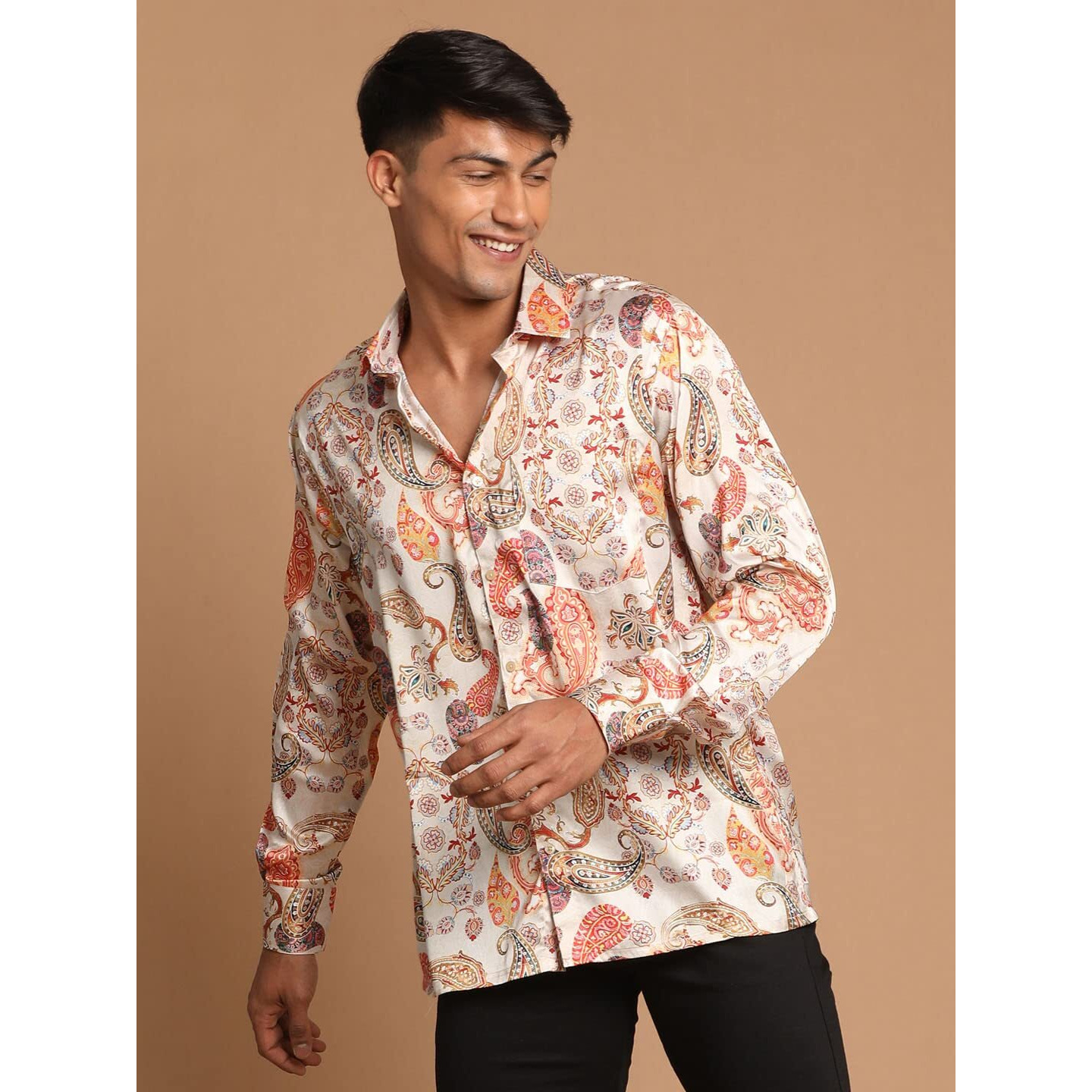 VASTRAMAY Men's Multicolored-Base-Beige Satin Ethnic Shirt_VASMSH017BG_36