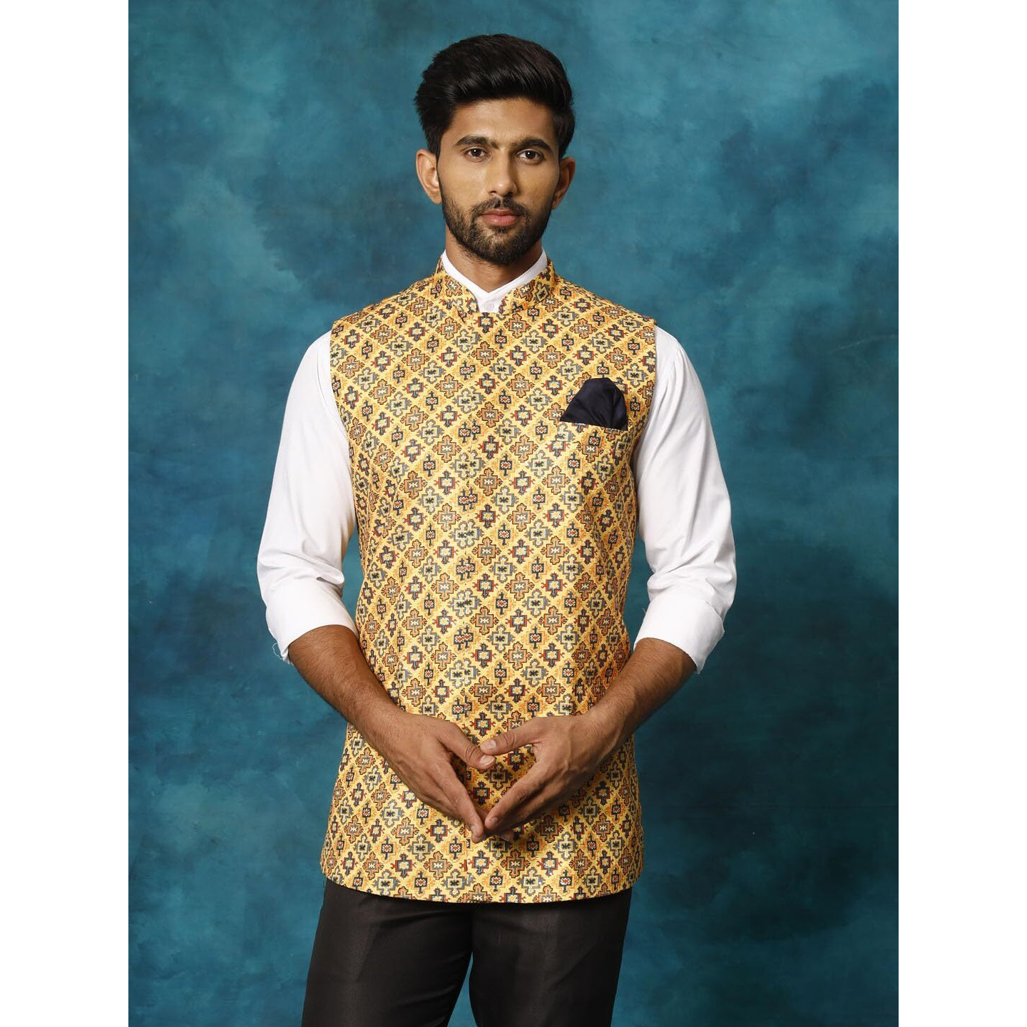 VASTRAMAY Men's Mustard Yellow Printed Nehru Jacket