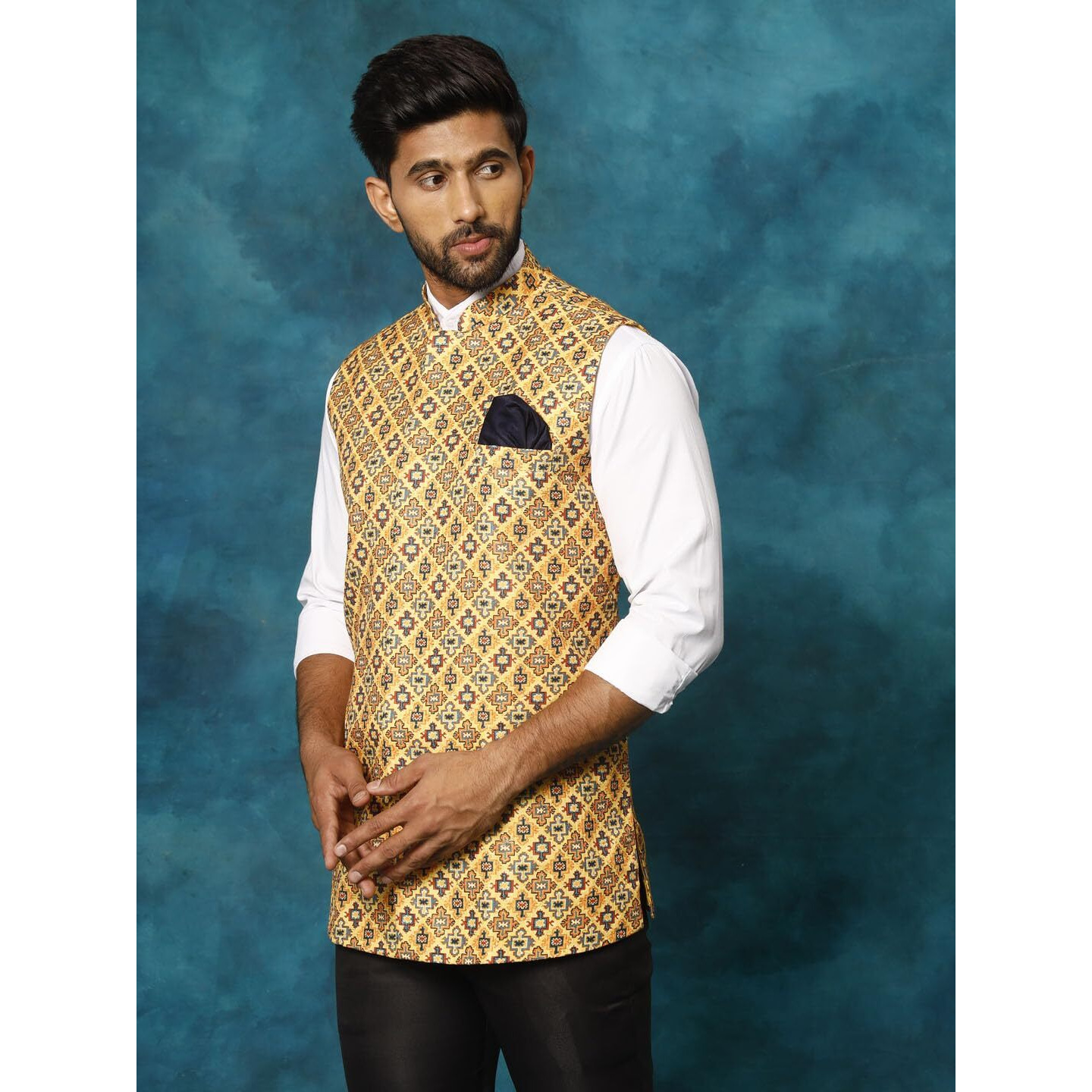 VASTRAMAY Men's Mustard Yellow Printed Nehru Jacket