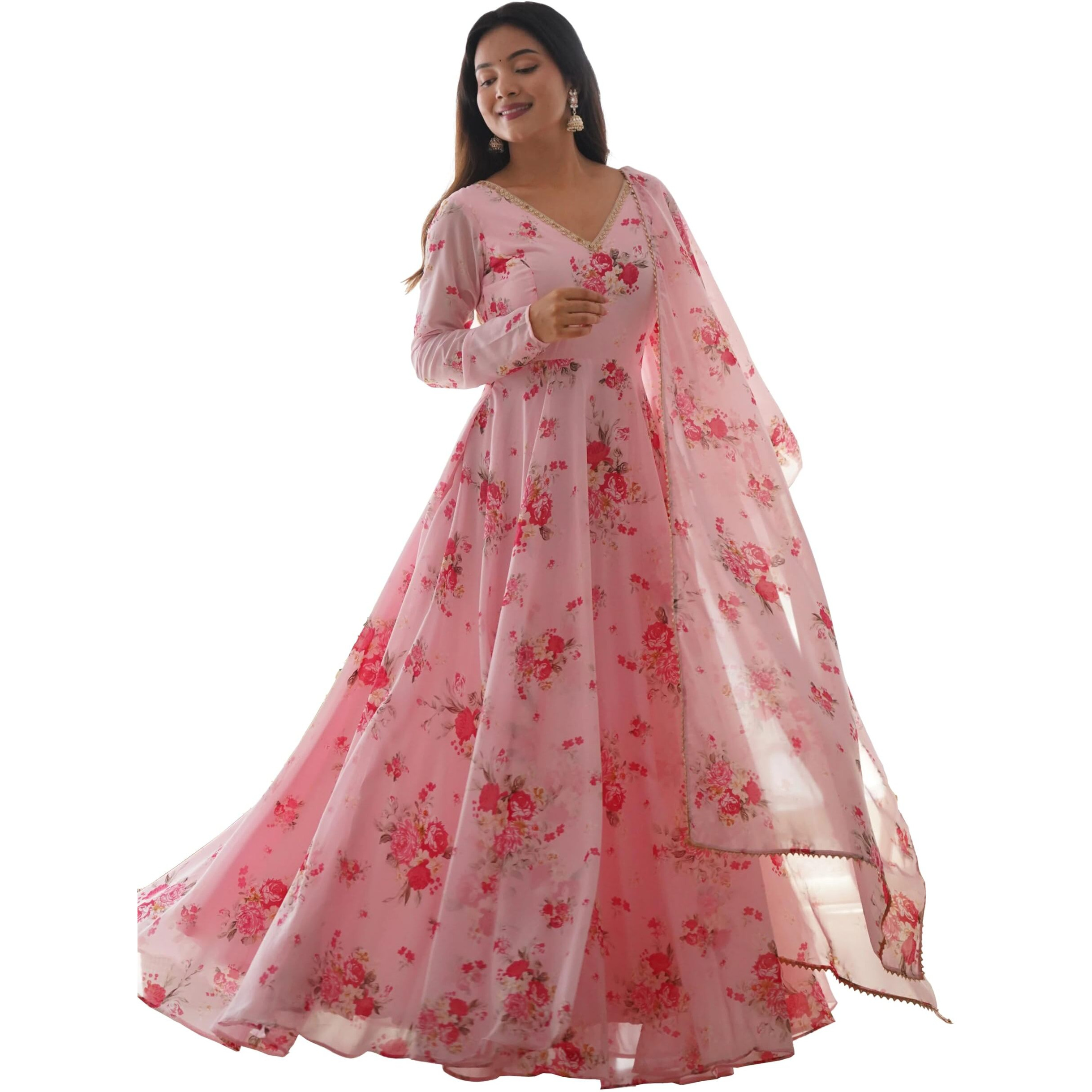 Women Floral Print Anarkali Kurta with Pant and Dupatta (Large, Light Pink)