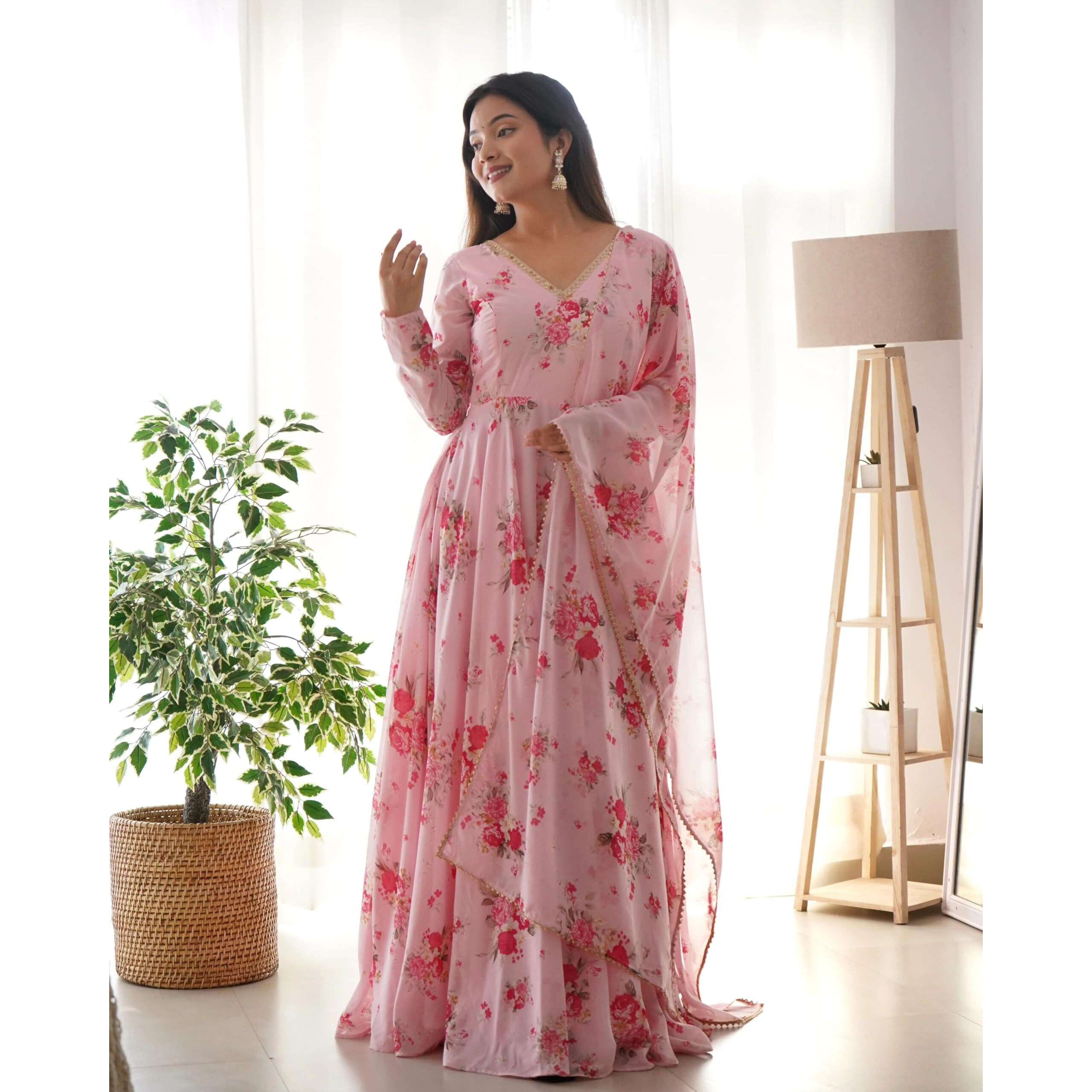 Women Floral Print Anarkali Kurta with Pant and Dupatta (Large, Light Pink)